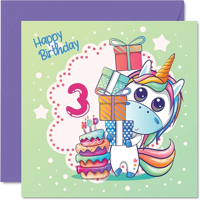 3rd Birthday Card Girl - Magical Unicorn Birthday Card - Happy Birthday Card 3 Year Old Girl, Girls Birthday Cards for Her, 145mm x 145mm Greeting Cards for Daughter Niece Granddaughter Kids Children
