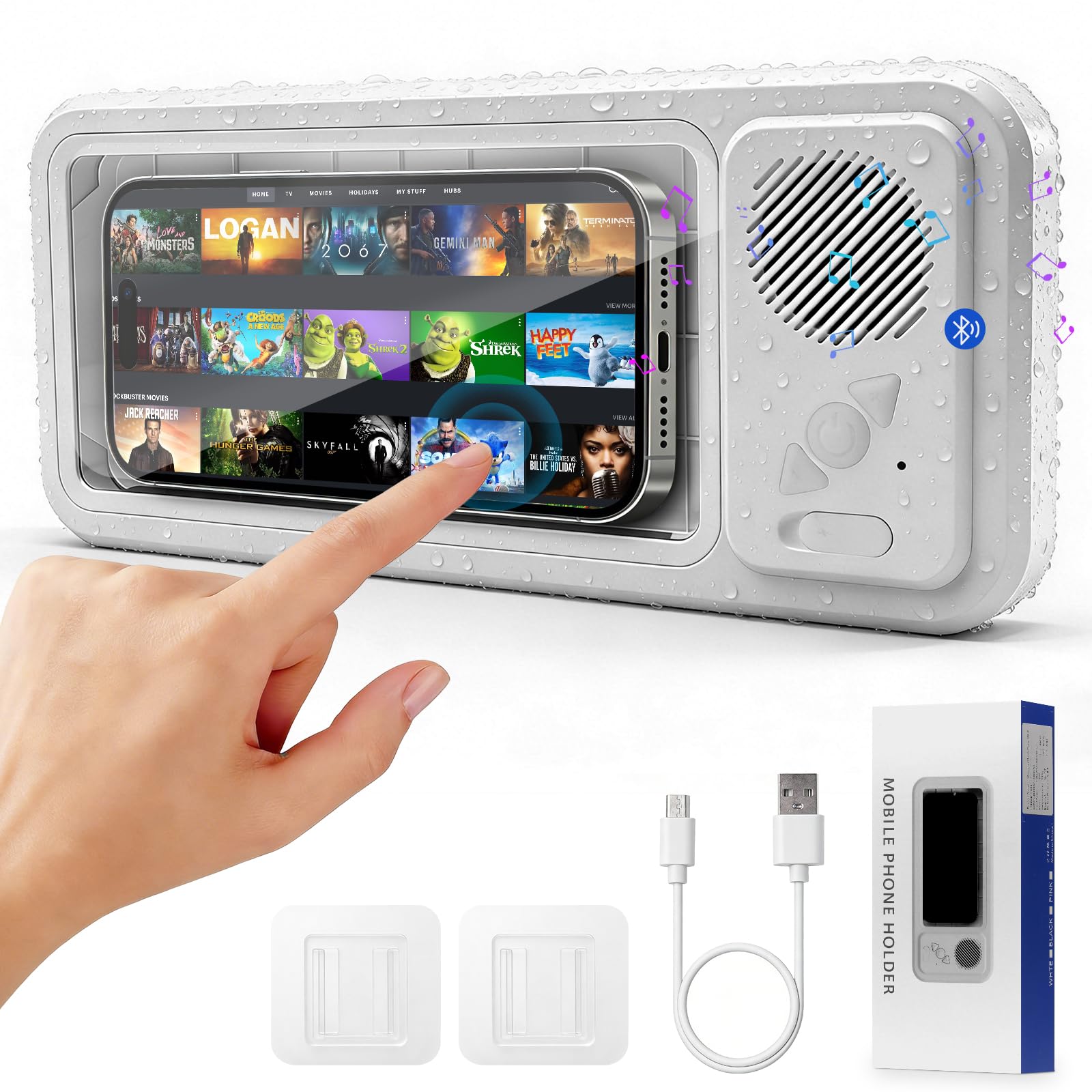 Soporte para teléfono de ducha IPX8 con altavoz Bluetooth 5.3 y ventosa 360 7