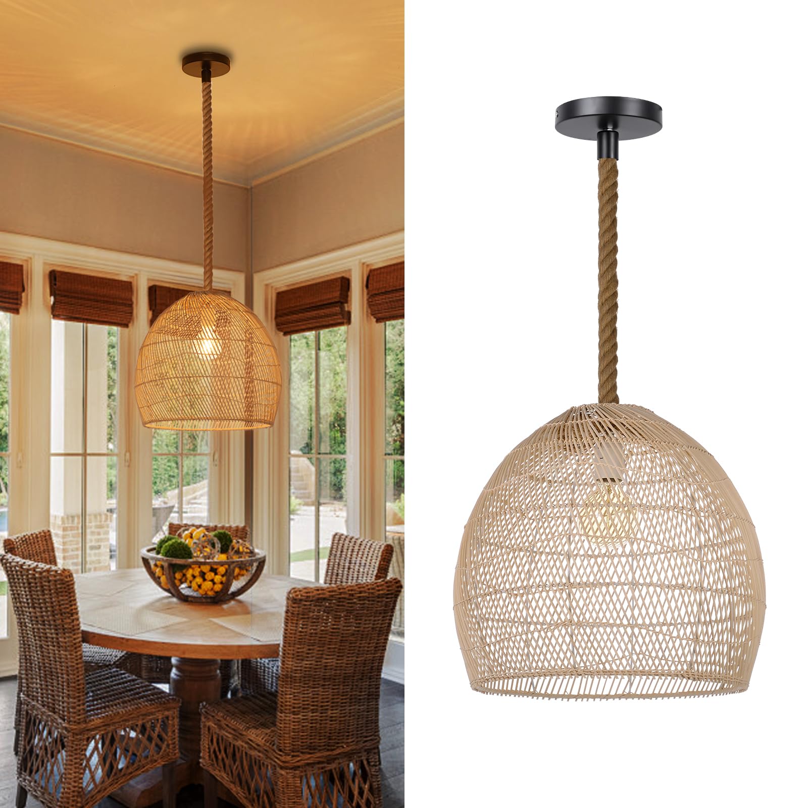 Lámpara colgante de ratán natural para isla de cocina, lámpara tejida con sombra, luz de techo colgante, lámpara de cuerda hecha a mano de 15.7 pulgadas x 13.7 pulgadas 3