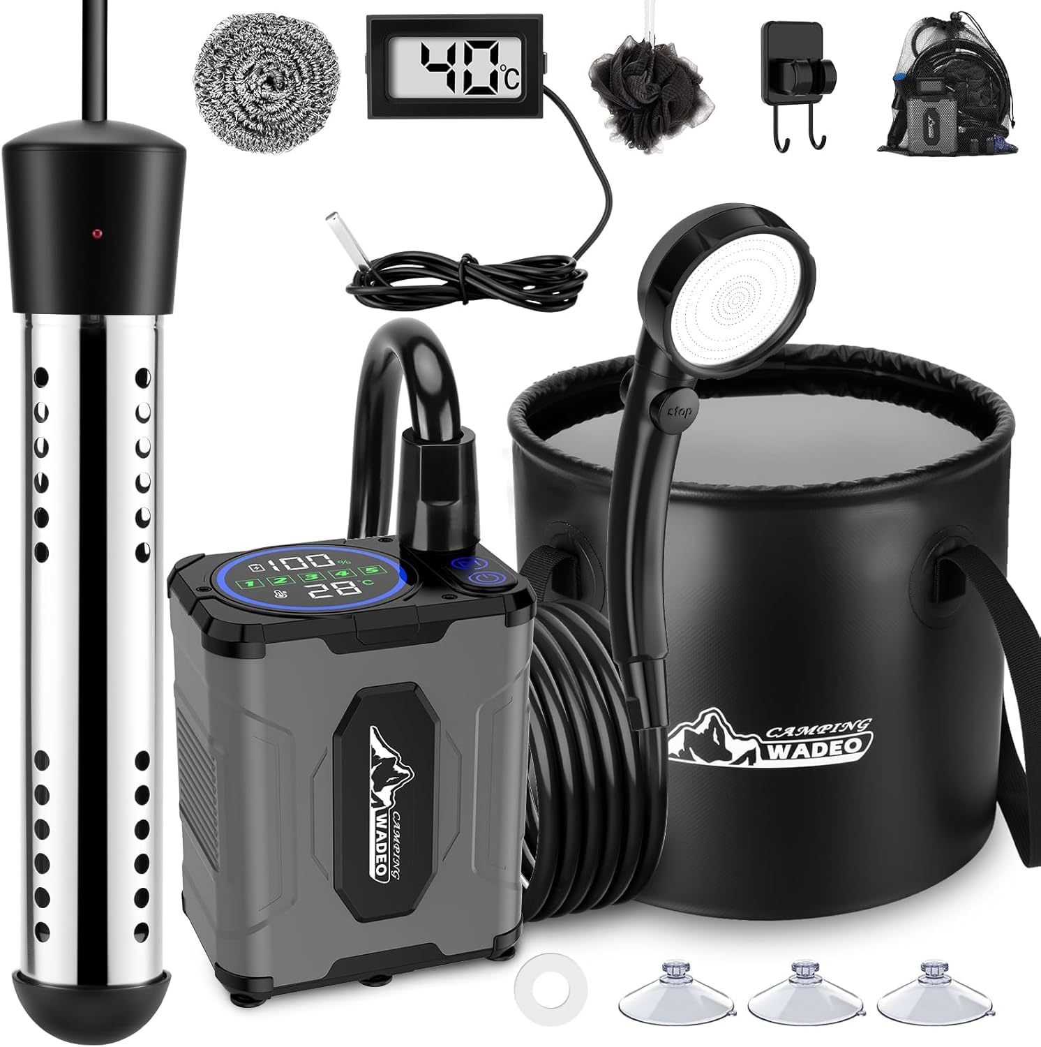 WADEO Kit Douche Camping, Seau 20L & Pompe 5 Vitesses, Autonomie 10 Jours | Pompe Douche Rechargeable 6000 mAh avec Écran LED, IPX8, Douche Chaude Camping Portable pour Voyage, Animal, Voiture, Jardin