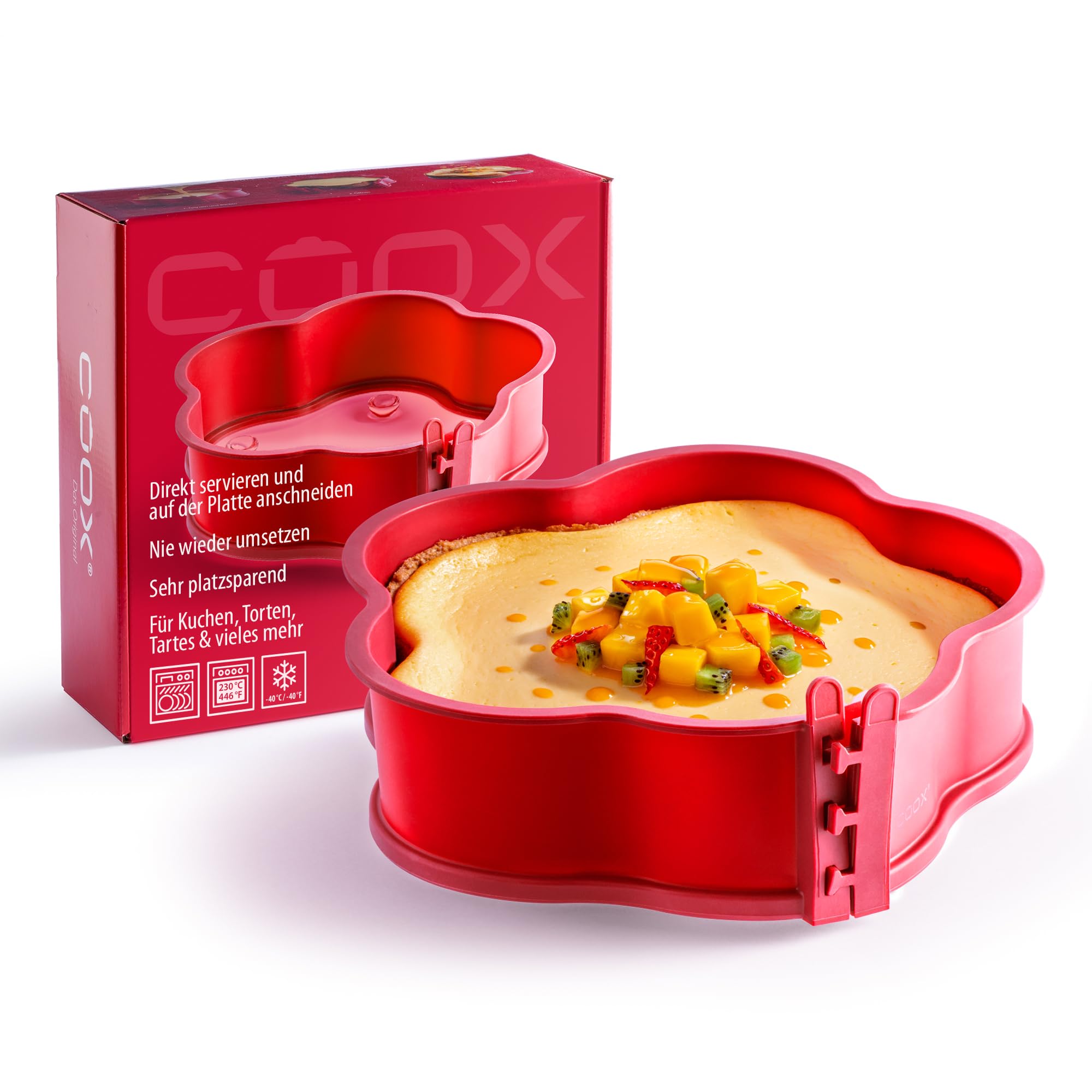 coox Springform Blume mit Glas-Servierplatte & Glasfüßen Ø 26 cm - Backen & Servieren in Einem I Antihaft-Silikon I Spülmaschinenfest I Kein Umsetzen I BPA-frei Rot