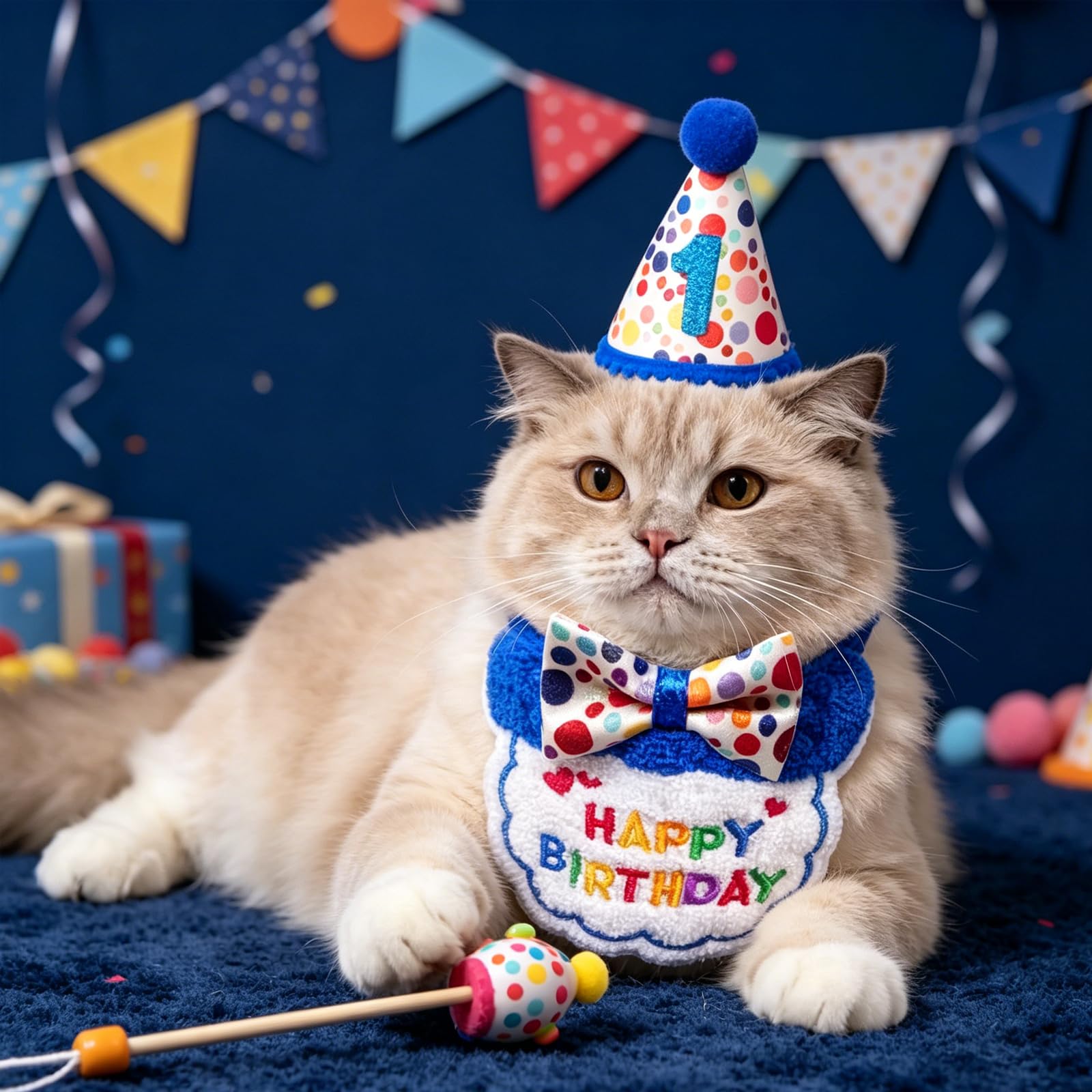 Lot de 4 chapeaux et bandanas pour chat - Tenue d'anniversaire réglable avec nœud papillon - Décorations de fête d'anniversaire pour animaux domestiques - Fournitures de décoration de fête