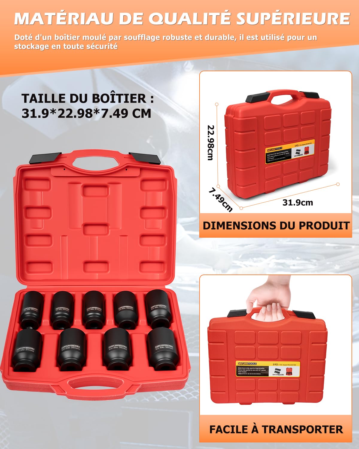 Lot de douilles à choc 9 écrous d'essieu 1/2" 29 30 31 32 33 34 35 36 38 mm