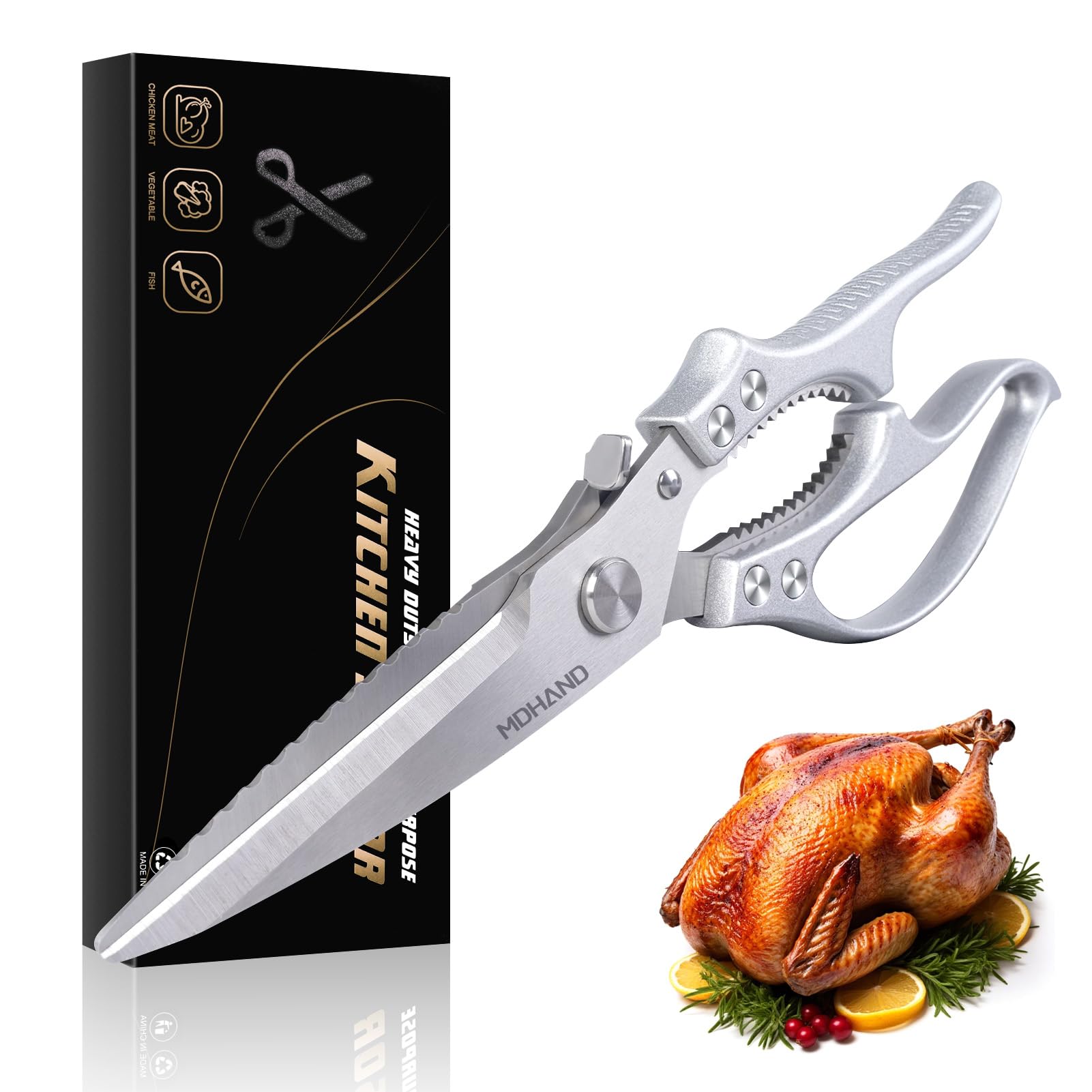 MDHAND Heavy Duty Poultry Shears, Kitchen Food Scissors All Purpose for Meat Cutting, Chicken Fish Fruit Vegetables, Dishwasher Safe Kitchen Shears