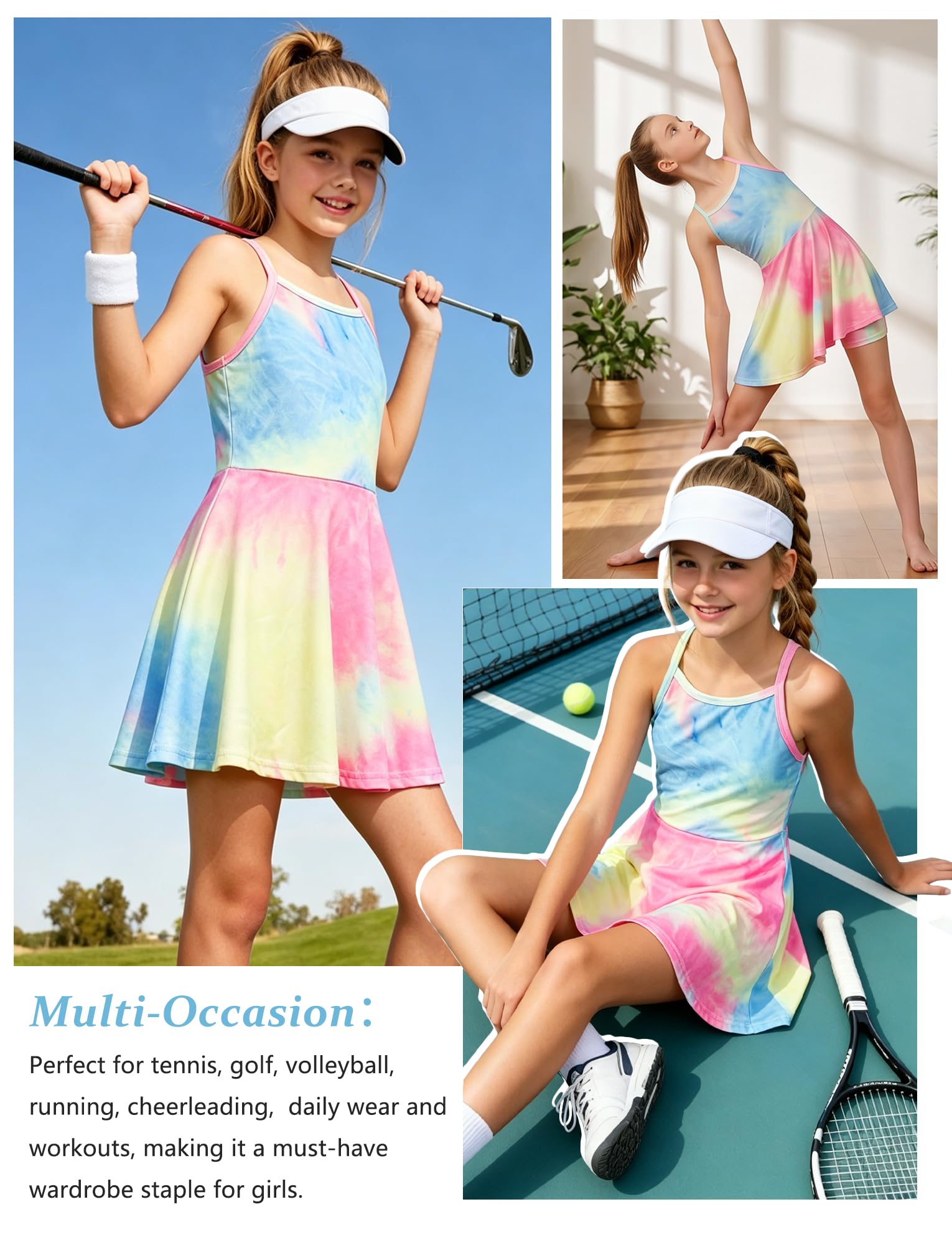 Mädchen Tenniskleid Kinder Ärmellos Sportkleid + Shorts Golf Tennis Sport Kleidung Set Training Bekleidung Sportsanzug Jogging Workout Tie Dye Kleid