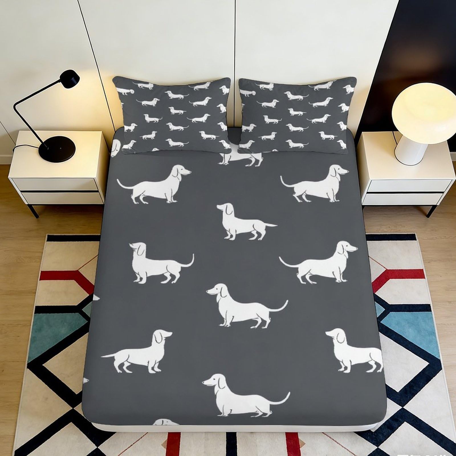3D Printed Dachshund Pattern Fitted Sheet Microfiber Soft Durable Grey Bed Cover with Mattress Protection for Bedroom Dormitory Guest Room 180x200x25cm