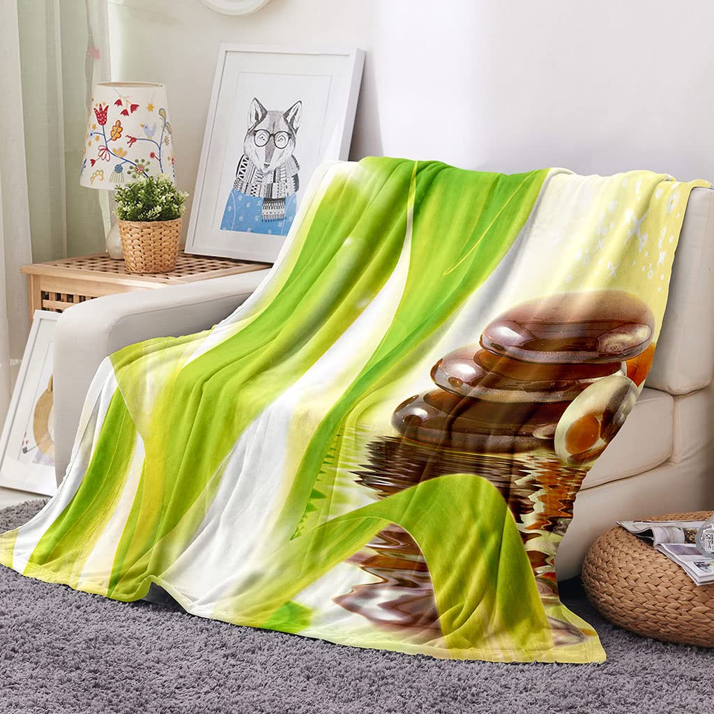 Mantas para Cama De Franela Invierno para Infantil Y Adulto 150X200Cm Manta Polar De Felpa De Microfibra Suave para Sofá, 3D Guijarros De Hojas De Bambú Verdes Patrón, Cálida Y Transpirable