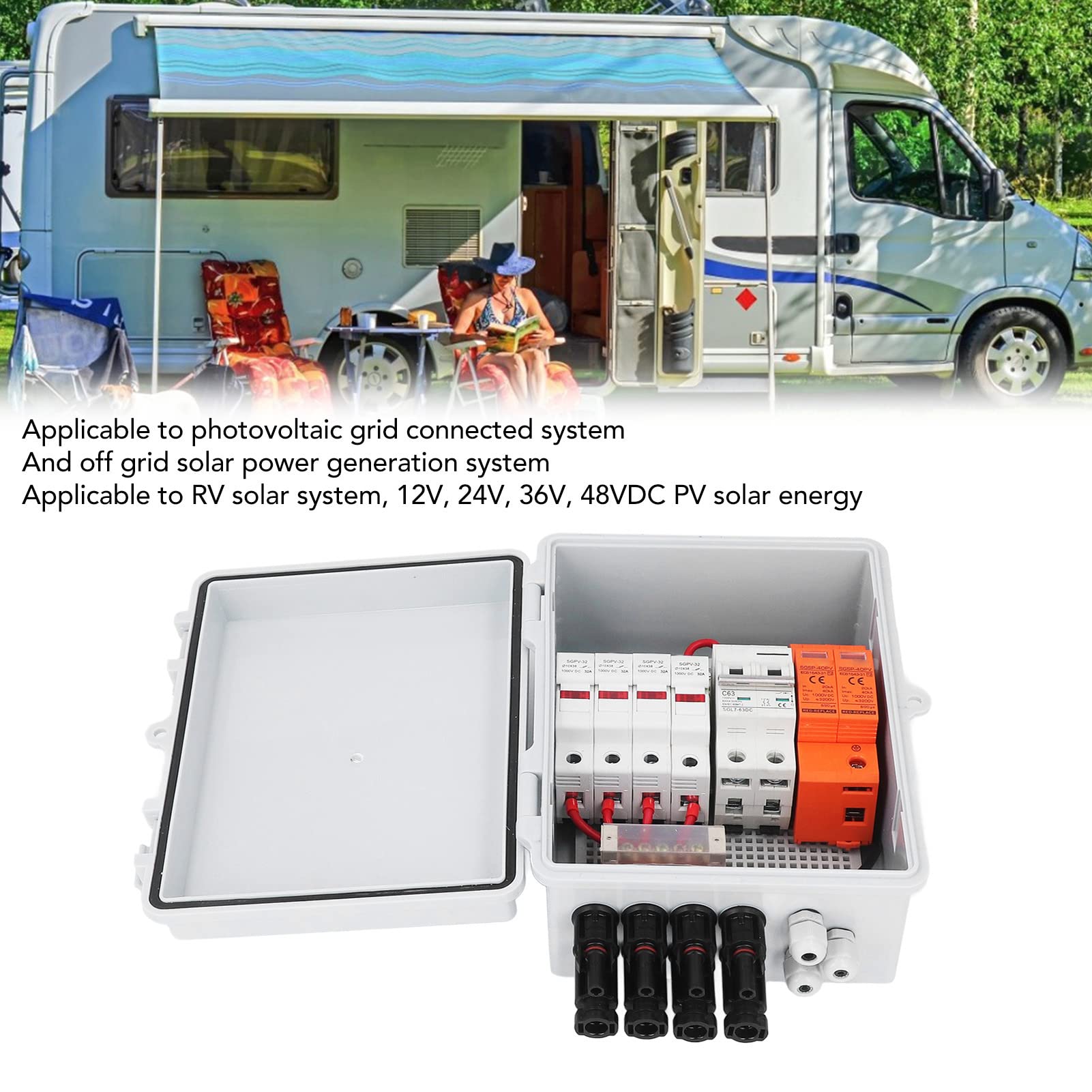 PV-Kombinierer-Box, DC12V 24V 36V 48V 4 String Solar Combiner Box mit 15A Sicherung 63A Leistungs Schalter, Outdoor-Leistungs Schalter für On-und Off-Grid-Solarstrom Anlage