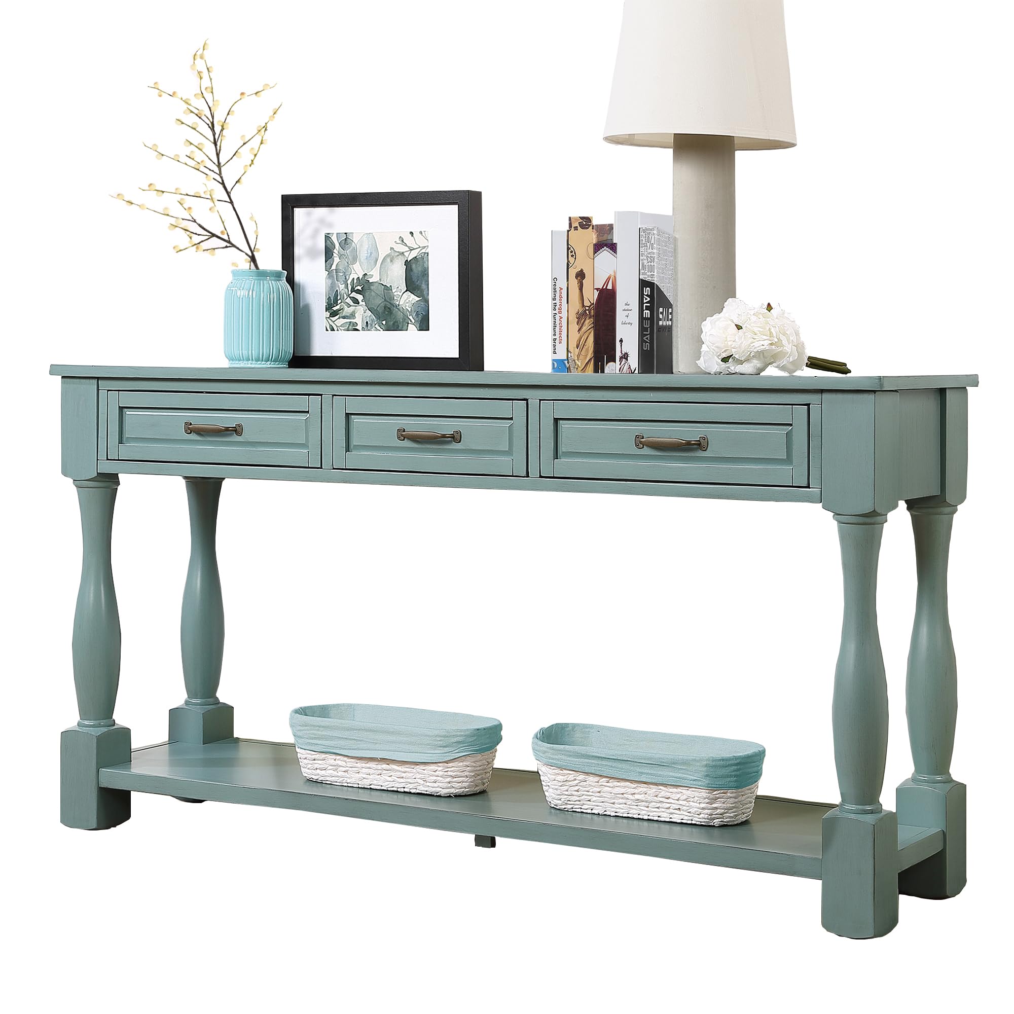 Solid Wood Console Table Sofa Table Entryway Table with 3 Drawers and 1 Bottom Shelf for Storage Entry Hallway Foyer Sofa (63" Retro Green)