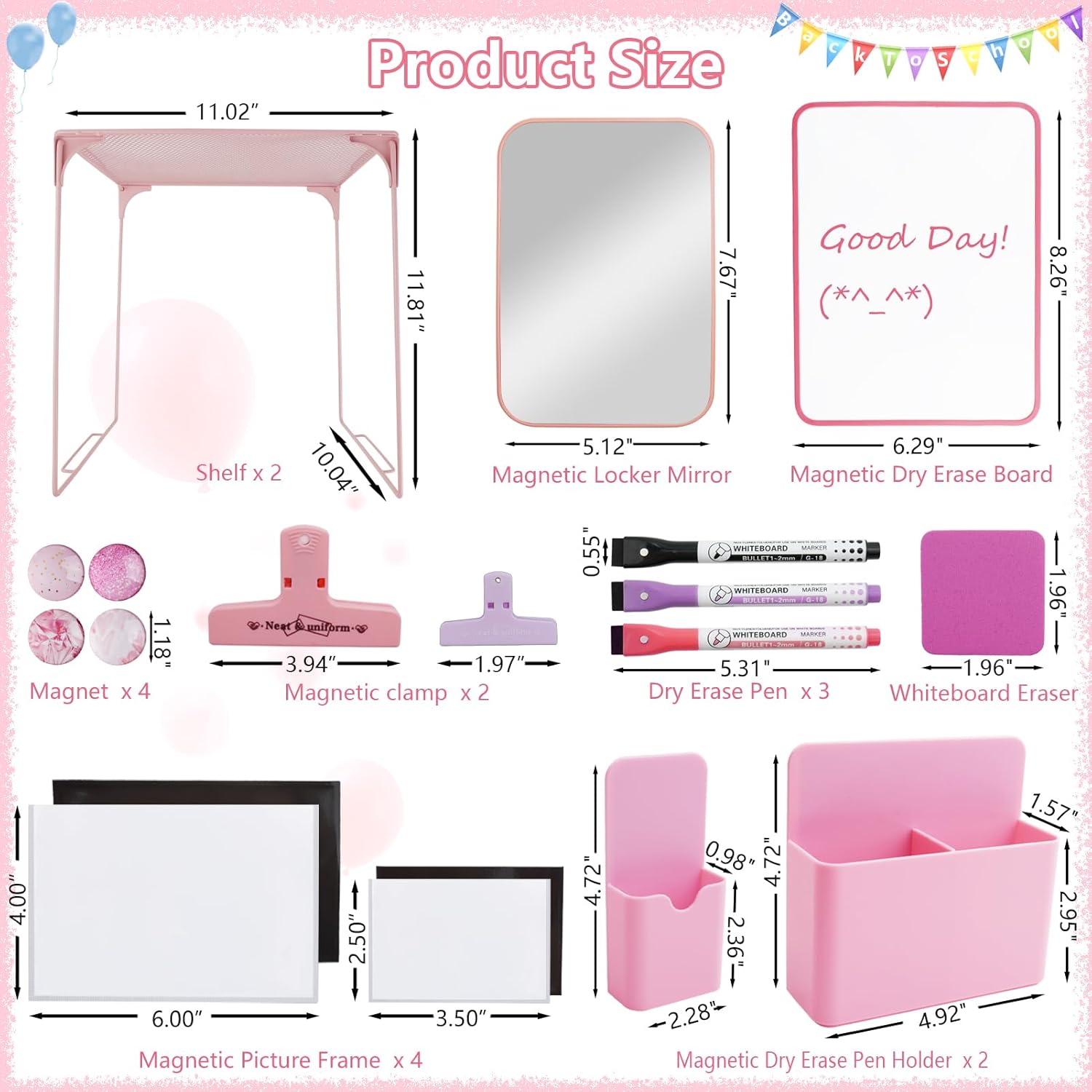 20 PCS Locker Accessories with 2 Locker Shelf, Pink Locker Decoration for Girls, Back to School Essentials Magnetic Locker Organizer, Mirror, Whiteboard, Pen Holder, Magnetic Picture Frame and Magnets