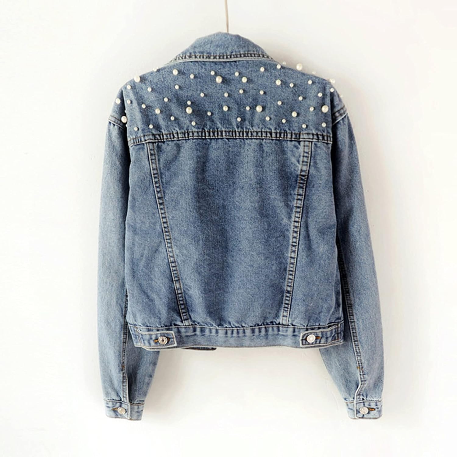 Oversize Pearl Embroidered Women's Ripped Distressed Casual Long Sleeve Denim Jacket Coat - Image 3