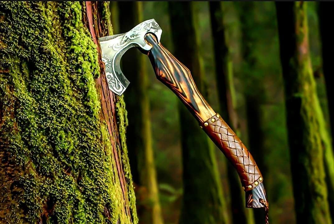 AXE031AM FS Crafts 19.00" Custom Handmade Carbon Steel Viking Axe Ragnar Axe Hand Forged Outdoor Hunting Camping Axe Hatchet Bearded Axe Leather Wrapped Handle with Leather Sheath