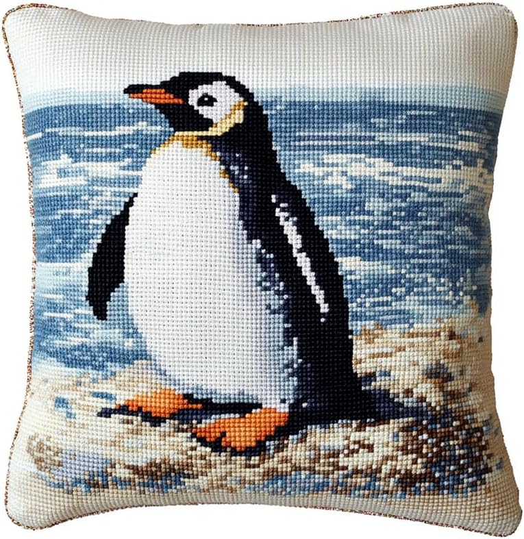 Walluminati DIY 11CT Stamped Cross Stitch Pillow Kits, Cute Penguin Needlepoint Pillow Kit Embroidery Pillowcase Counted Needlepoint Handmade Cushion Cover Home Sofa Decoration 18x18inch