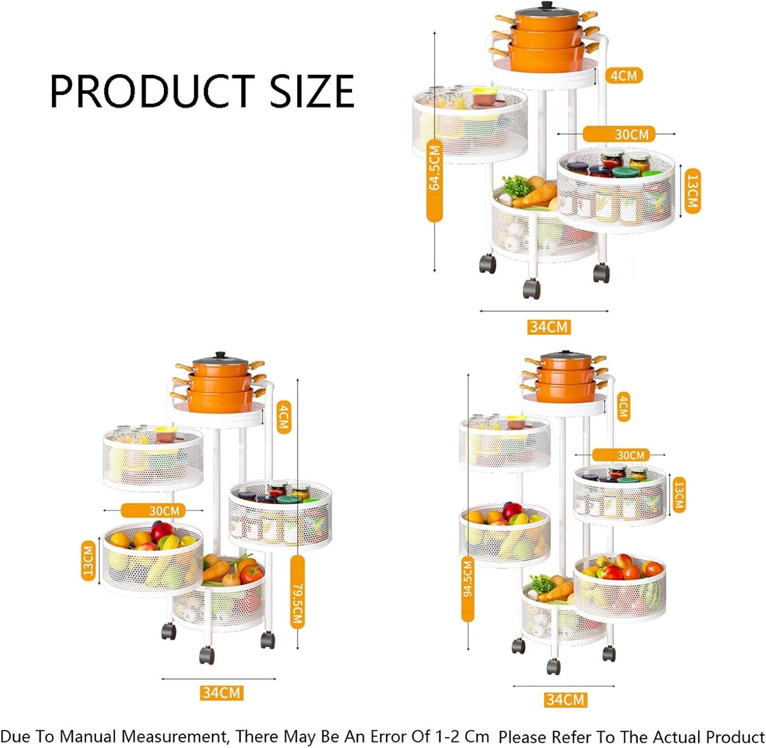 Round Rotating Fruit and Vegetable Shelf,Multi-Layer Storage Rotating Basket,Bathroom Shelf with Wheels,for Kitchen Bathroom Bedroom(White,4 Tiers)