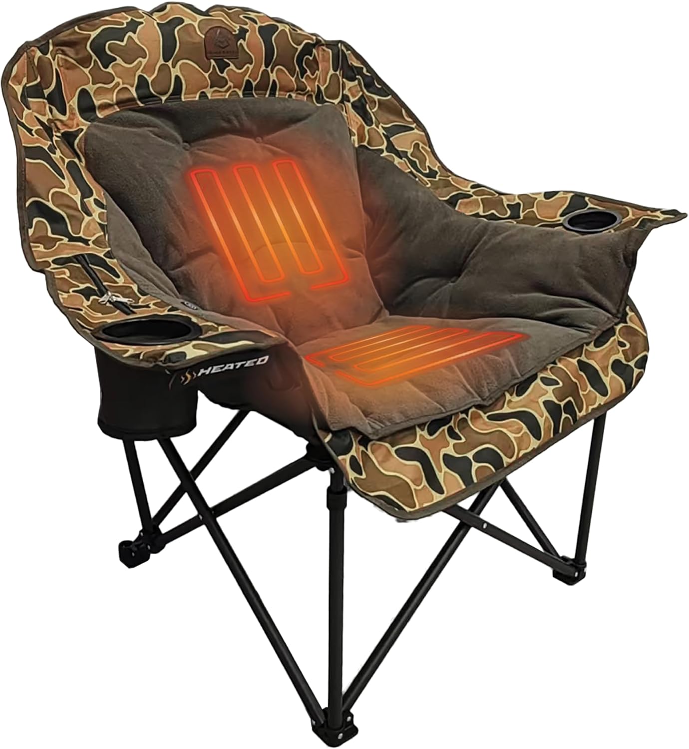 Black Sierra Heated Plush Fleece XL Padded Camping Chair for Adults, Oversized Heavy Duty Folding Seat with 3‑Level Heat & Battery Pack, Supports 400 lbs, Cup Holders & Carry Bag for Camping & RV