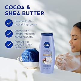 NIVEA Pampering Cocoa and Shea Butter Body Wash with Nourishing Serum, Moisturizing Body Wash for Women, Enriched with Provitamin B5 and Vitamin E, 20 Fl Oz Bottle