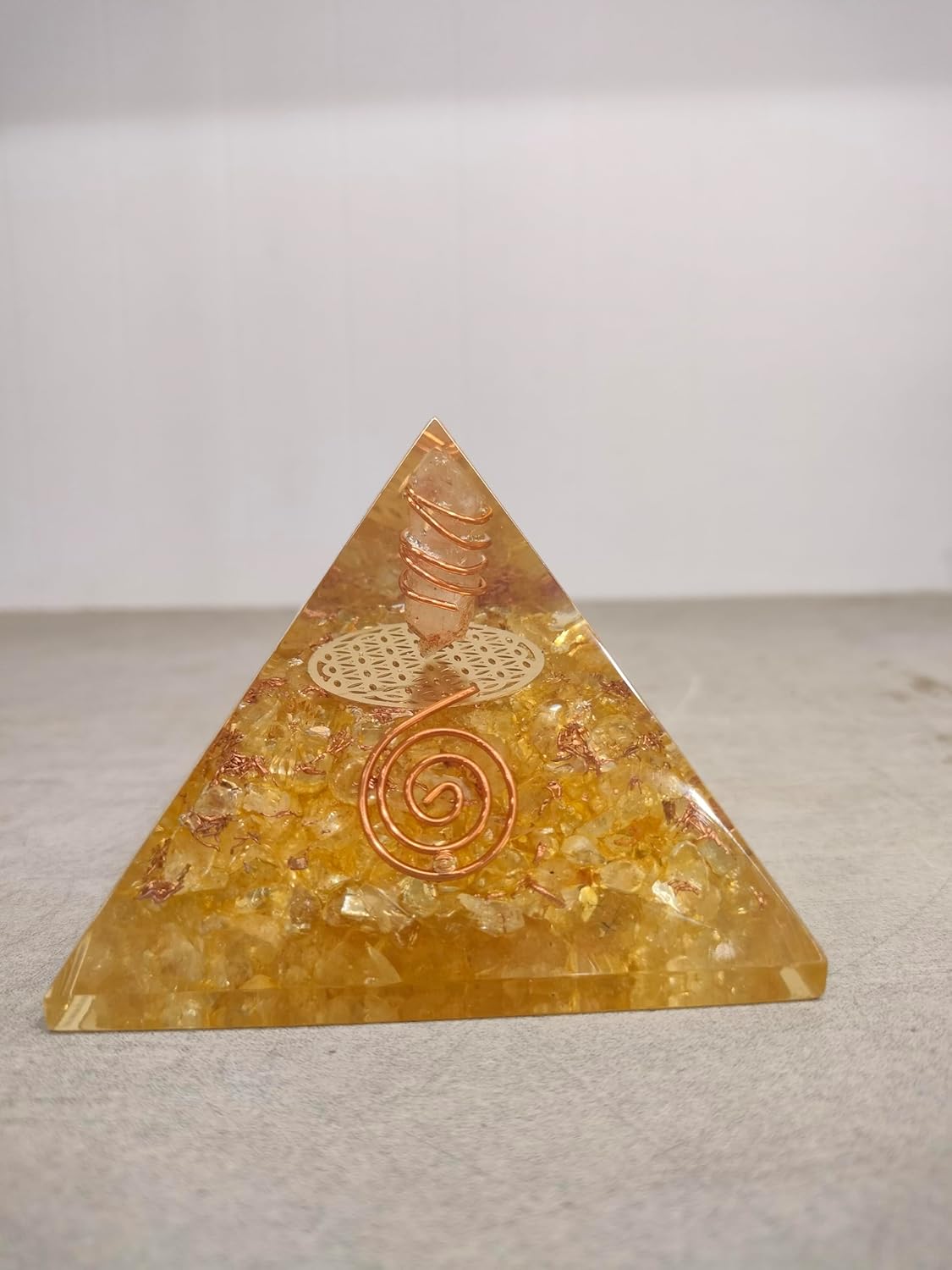 Citrine Orgone Pyramid for Success & Motivation | Orgonite Pyramid with Copper Coil & Clear Quartz for Chakra Protection & Positive Energy