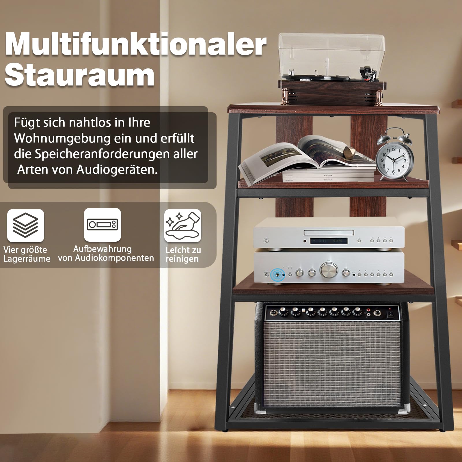 OUUTMEE 4 warstwy AV Rack HiFi szafka gramofon, żelazne rusztowanie + płyty drewniane w antycznym kolorze, stojak 61 x 53,5 x 78,5 cm, nadaje się do salonu i gabinetu