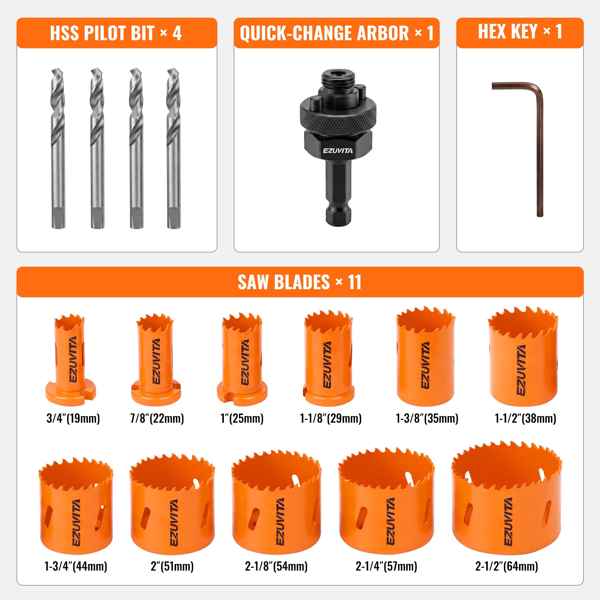Bimetall-Lochsägen-Set,19-64 mm(17-tlg) Lochsäge Set mit Bohrer,Ein Dorn passt für alle Lochsägen,geeignet für Holz,Metall,Kunststoff und Gipskarton, Mit Inbusschlüssel und Aufbewahrungsbox
