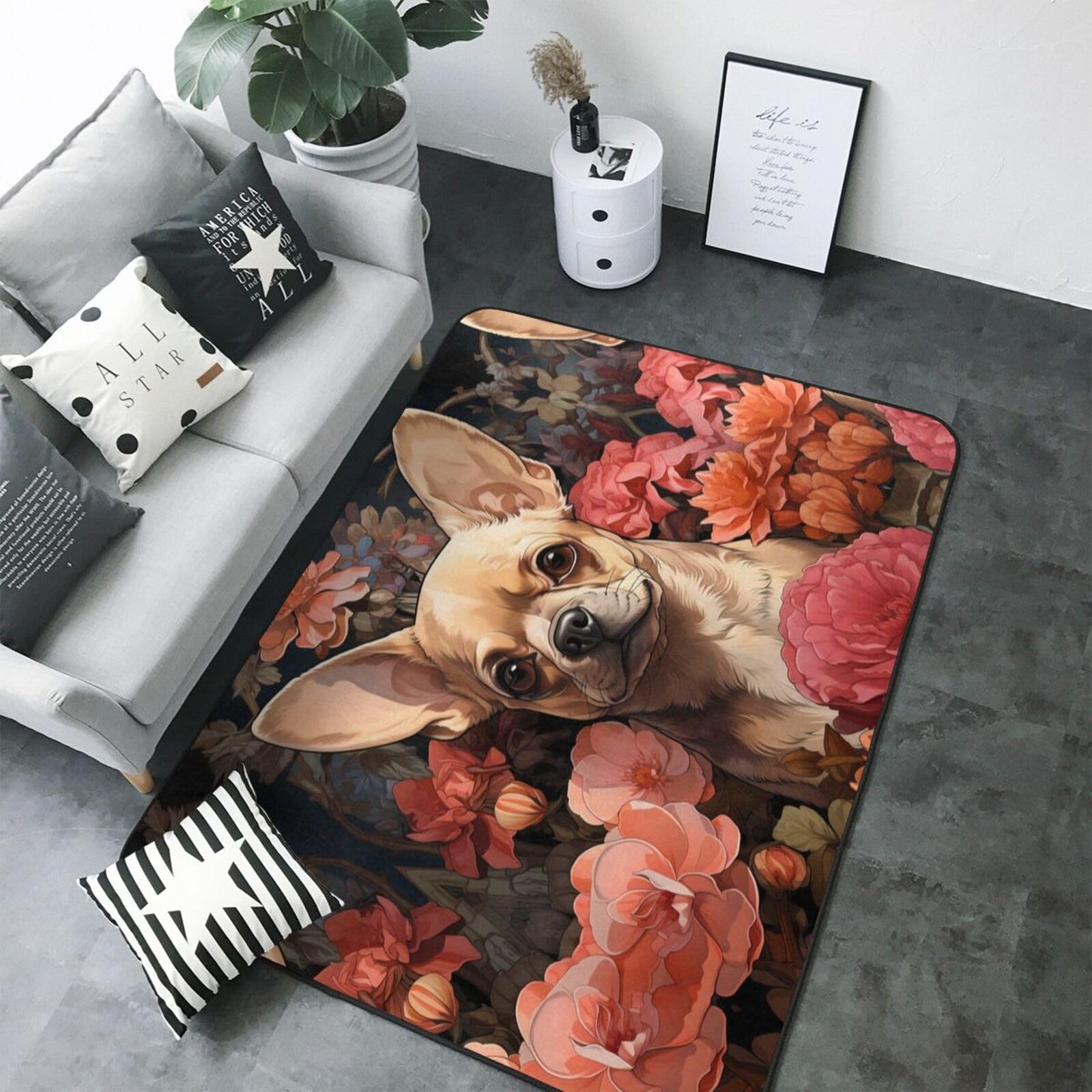 Tapis vintage chihuahua grand tapis salon lavable chambre coucher