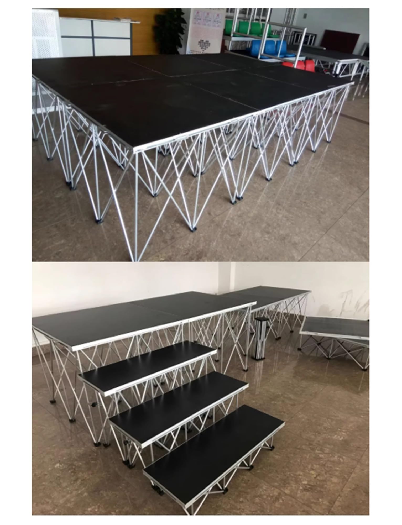Plataforma de escenario plegable ajustable para actuaciones, conciertos y configuración de eventos portátiles con diseño modular conectable