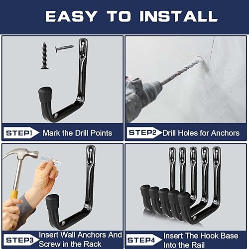 Miniatura 7 de Dreecy Ganchos de utilidad J para colgar ganchos de almacenamiento de garaje resistentes, ganchos de utilidad para pared de garaje, color negro,