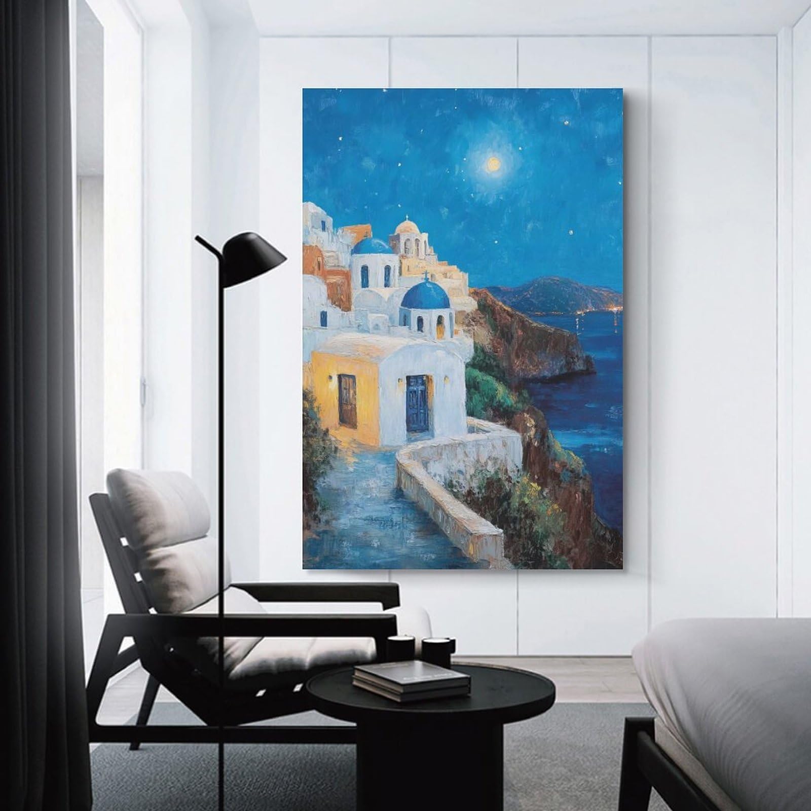 Junmoney Unframe-Style-12 Canvas Art Print Greek Island Night, 08X12inch(20X30cm), For Contemporary Homes, Apartments Or Offices, Decorative Canvas Decor For Home Updates