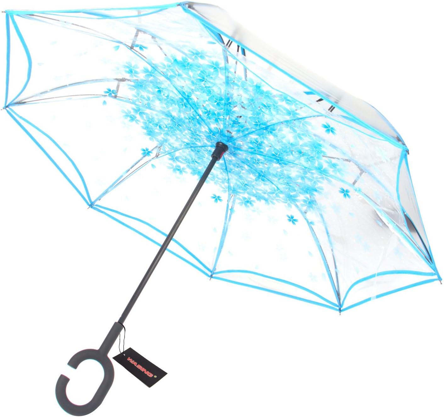 WASING Double Layer Inverted Umbrella Cars Reverse Umbrella, Windproof UV Protection Big Straight Umbrella for Car Rain Outdoor with C-Shaped Handle (Transparent Blue)