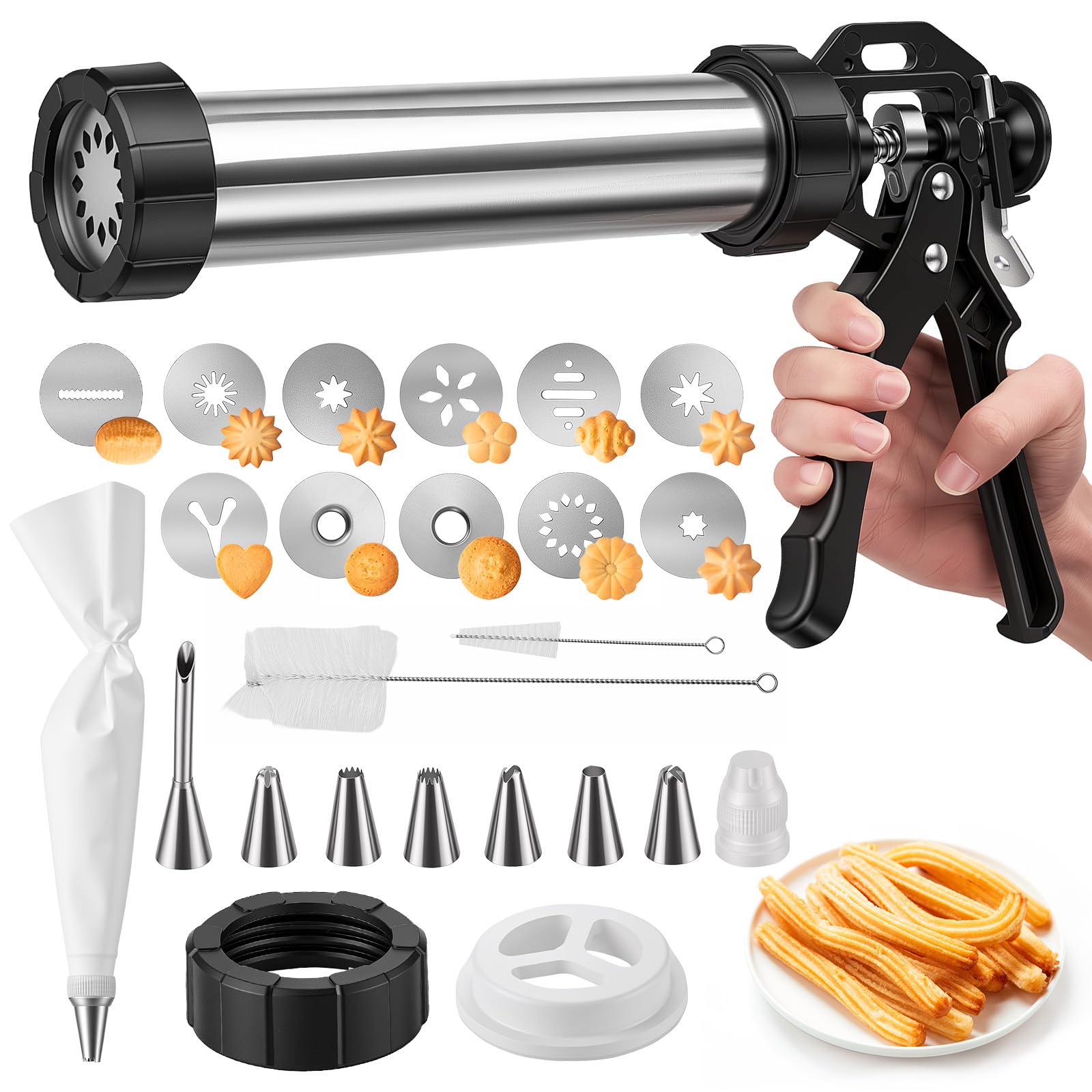 Machine à Churros et Presse à Biscuits 3-en-1, Appareil a Churros Manuel en Acier Inoxydable 304, Pistolet à Pâtisserie avec Levier Ergonomique, 21 Accessoires (Disques, Douilles)