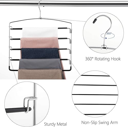 Miniatura 10 de FeeraHozer Perchas antideslizantes para pantalones, paquete de 3 perchas que ahorran espacio, brazo oscilante multicapa, acero inoxidable, ahorrador