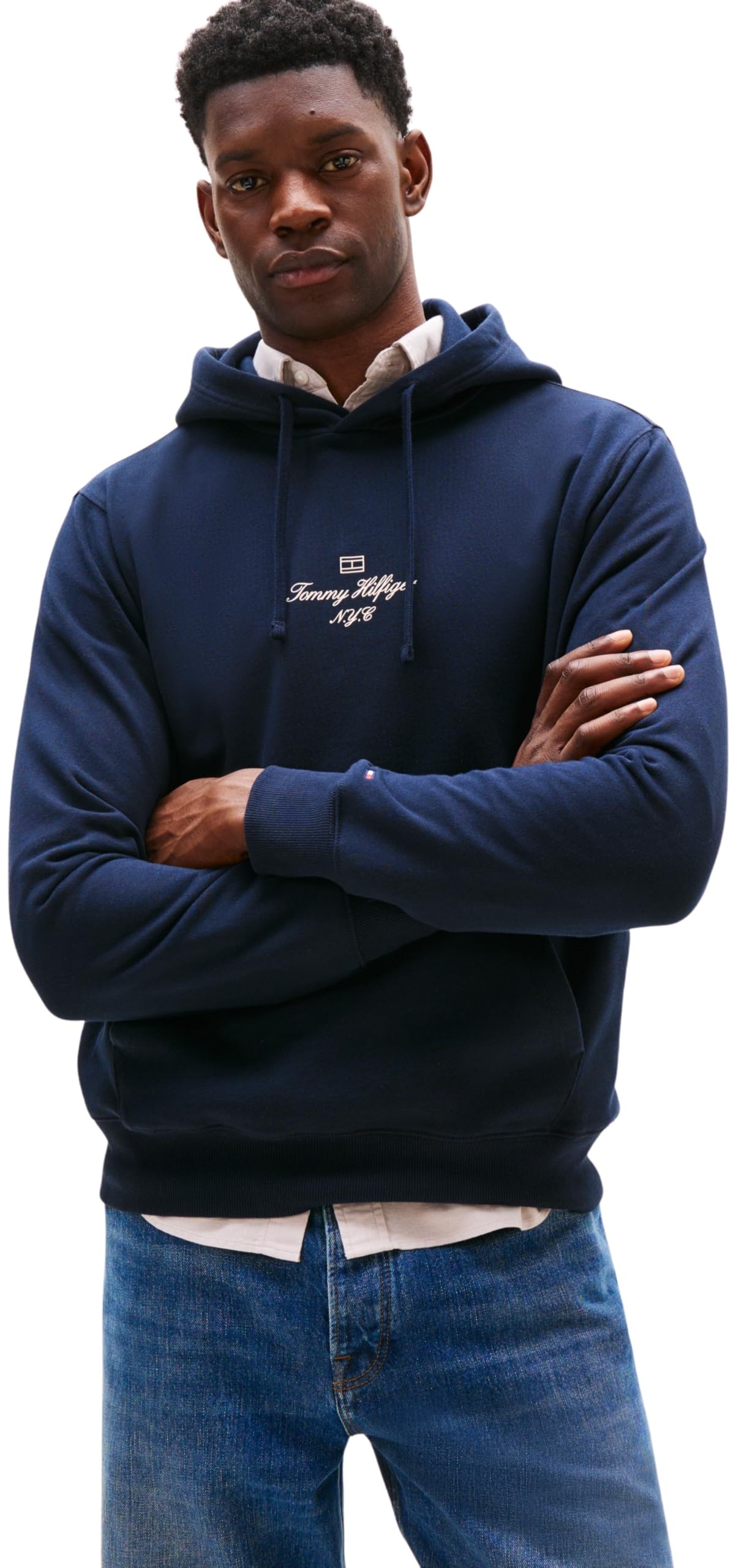 Tommy Hilfiger Men’s Outline Flag Script Hoodie, Blue (Desert Sky), XXL