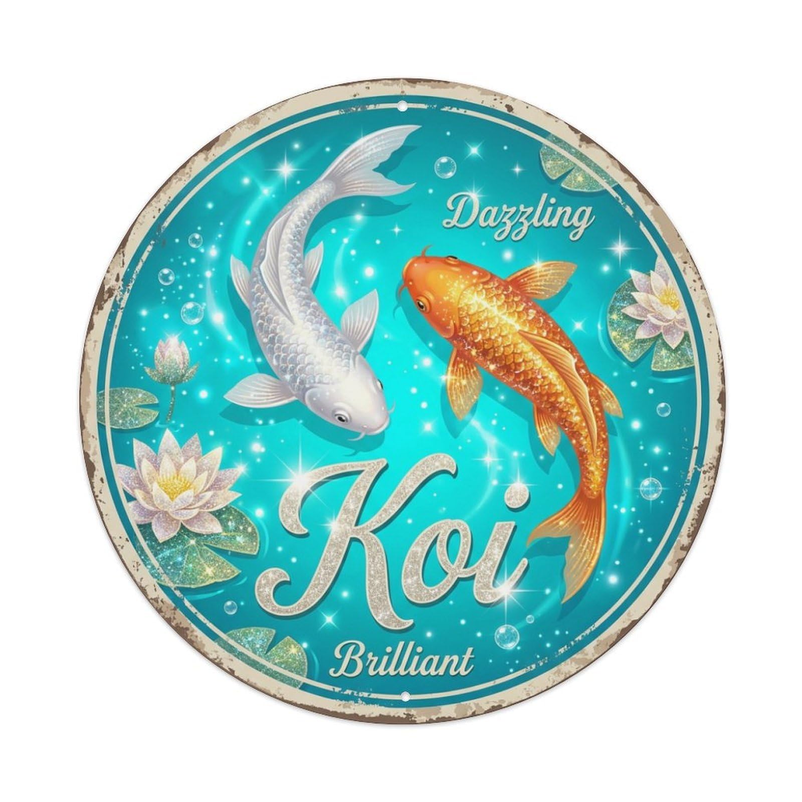 Metal Tin Sign Koi Fish Brilliant Sparkle Japan Retro