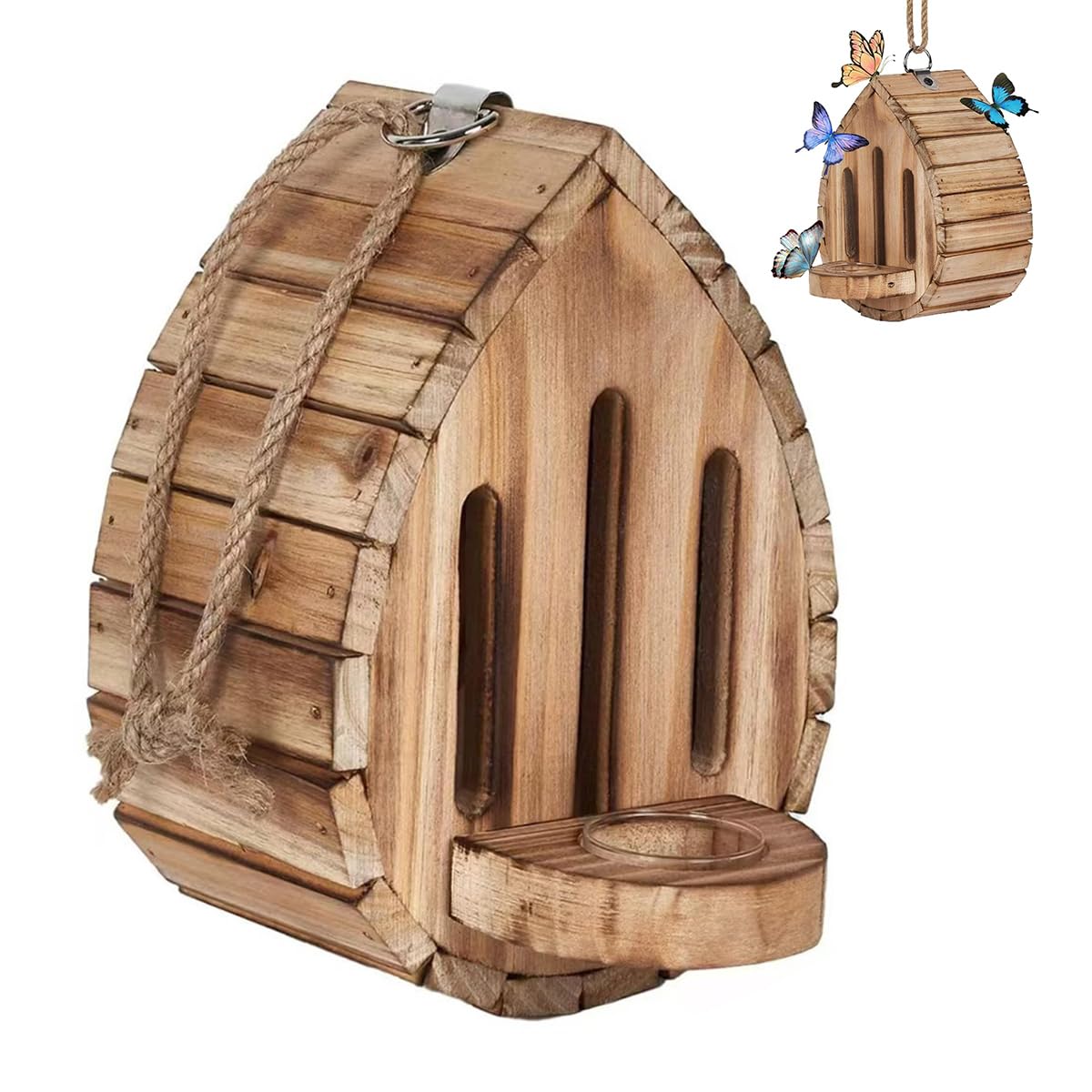 Butterfly House Wooden Habitat With Feeder, Butterfly House for Garden, Wooden Butterflies-Teardrop-Shaped Butterflies Habitat & Feeder With Rope for Garden Decor โ image 1