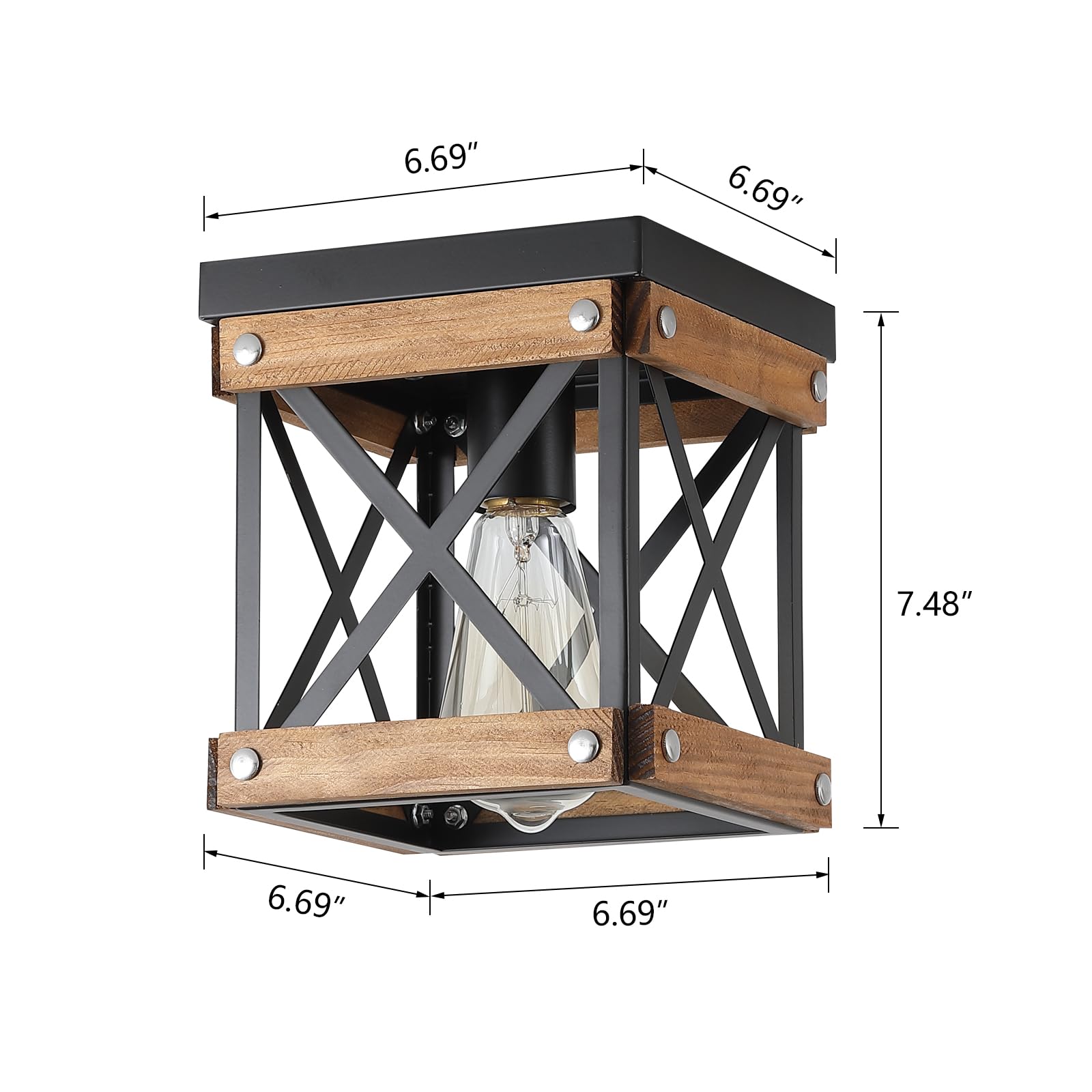 Paquete de 2 lámparas de techo rústicas de madera de granja empotradas, madera de roble y jaula cuadrada de metal, pequeña lámpara de techo semiempotrada para cocina, pasillo, entrada, dormitorio