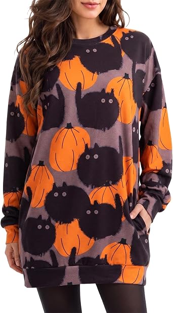 JINTING Women Halloween Sweatshirt Pumpkin Cat Long Sleeve Funny Doodle Graphic Printed Pullover Dress Fall Shirt Top