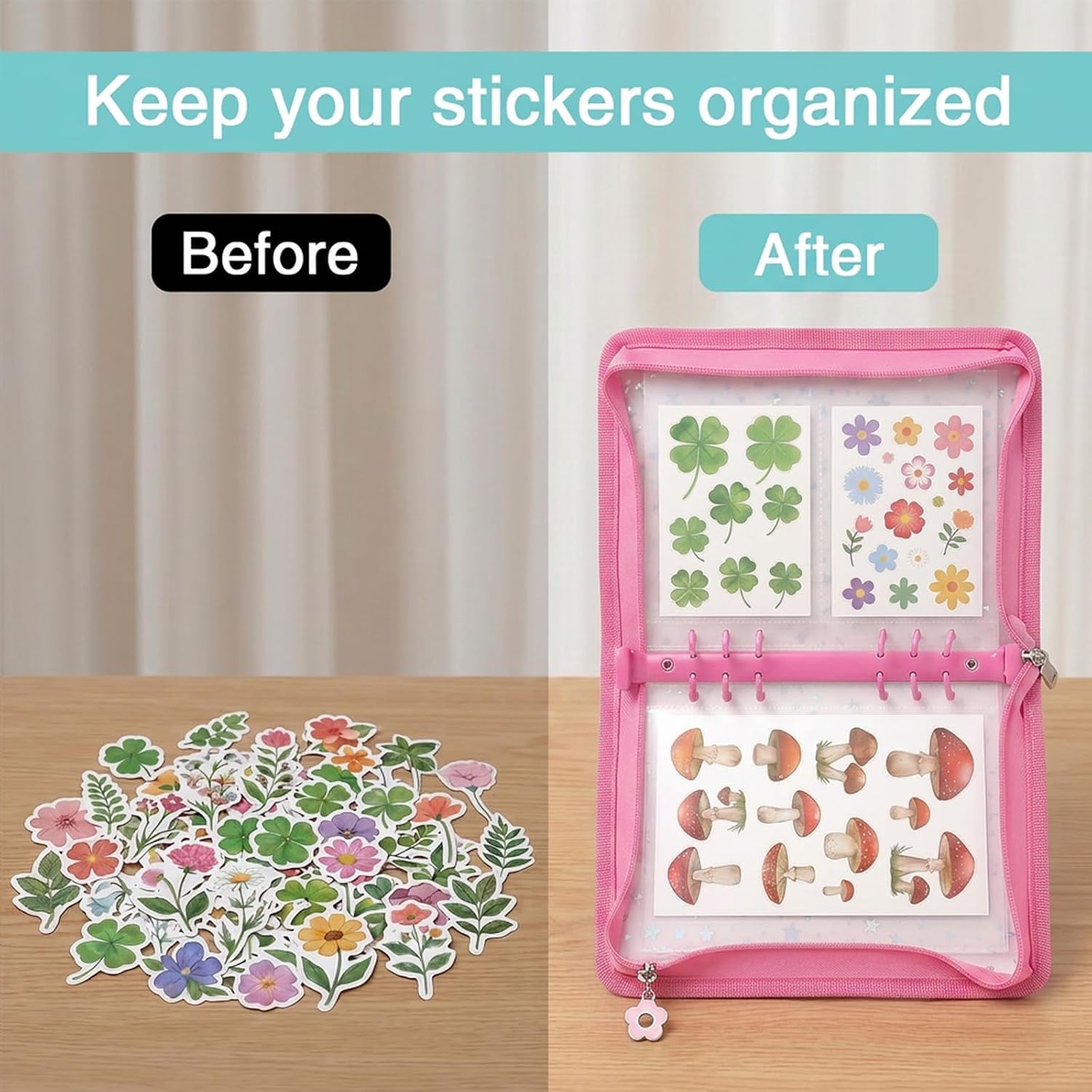 Sticker Organizer, Sticker Binder Reusable Stickers Storage Book Shiny Stickers Binders Organizer Clear Sticker-Binder Album with Zipper(Pink) image 3