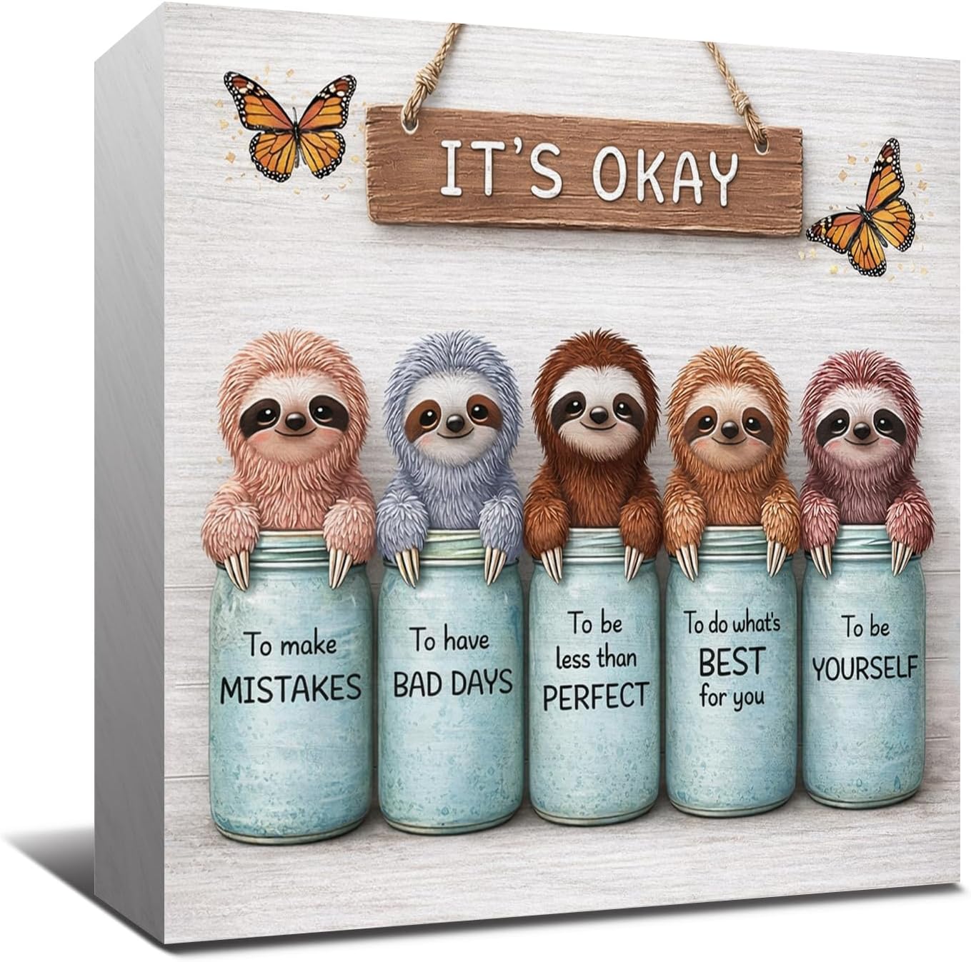 Sloth Desk Decor - Inspirational Encouragement Sloth Gifts for Women - It’s Okay Positive Wooden Box Sign for Home Office Desk Shelf Decor - 5x5 Inch