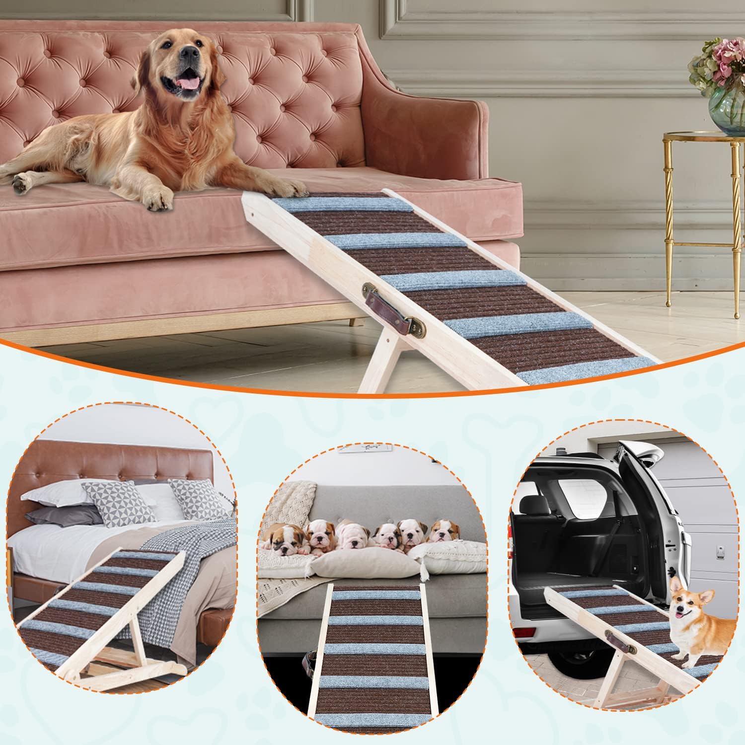 GREENBOX Dog Ramp, Portable Non-Slip Oak Pet Ramp for Bed Suitable for Small & Large Dogs & Cats, Adjustable & Folding with 6 Adjustable Height Supports 200lbs Pets for Bed, Couch, Car, SUV