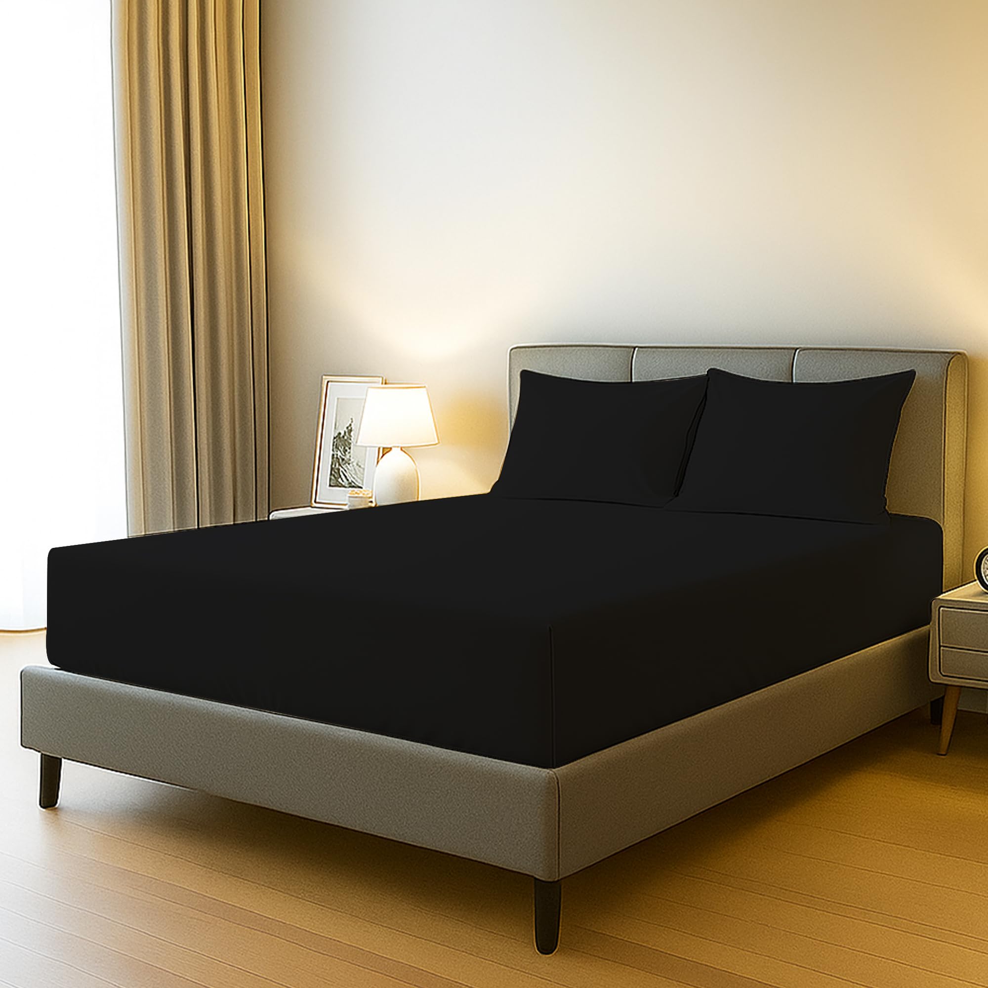 Bloombedding Black 100% Egyptian Cotton 400Tc 3Pc Single Fitted Sheet Set, 40Cm Deep Pocket