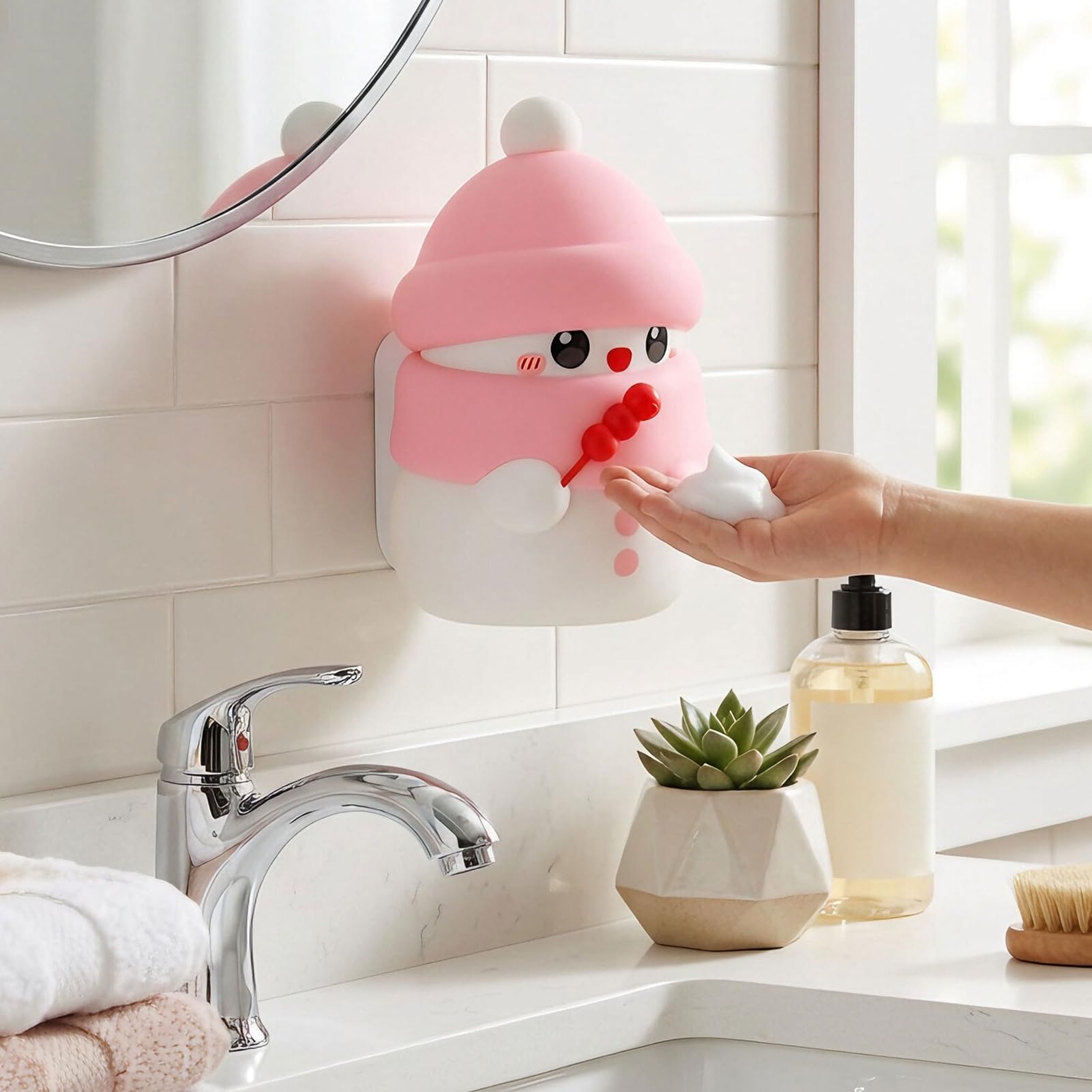 Luocute Automatischer Schaumseifenspender, Süßes Schneemann-Design (PINK)
