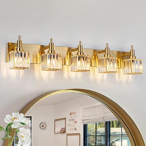 Miniatura 32 de Moderna lámpara de tocador de baño de cristal de 3 luces de latón para pared, sobre espejo, iluminación de tocador negra y dorada para baño, Sombra