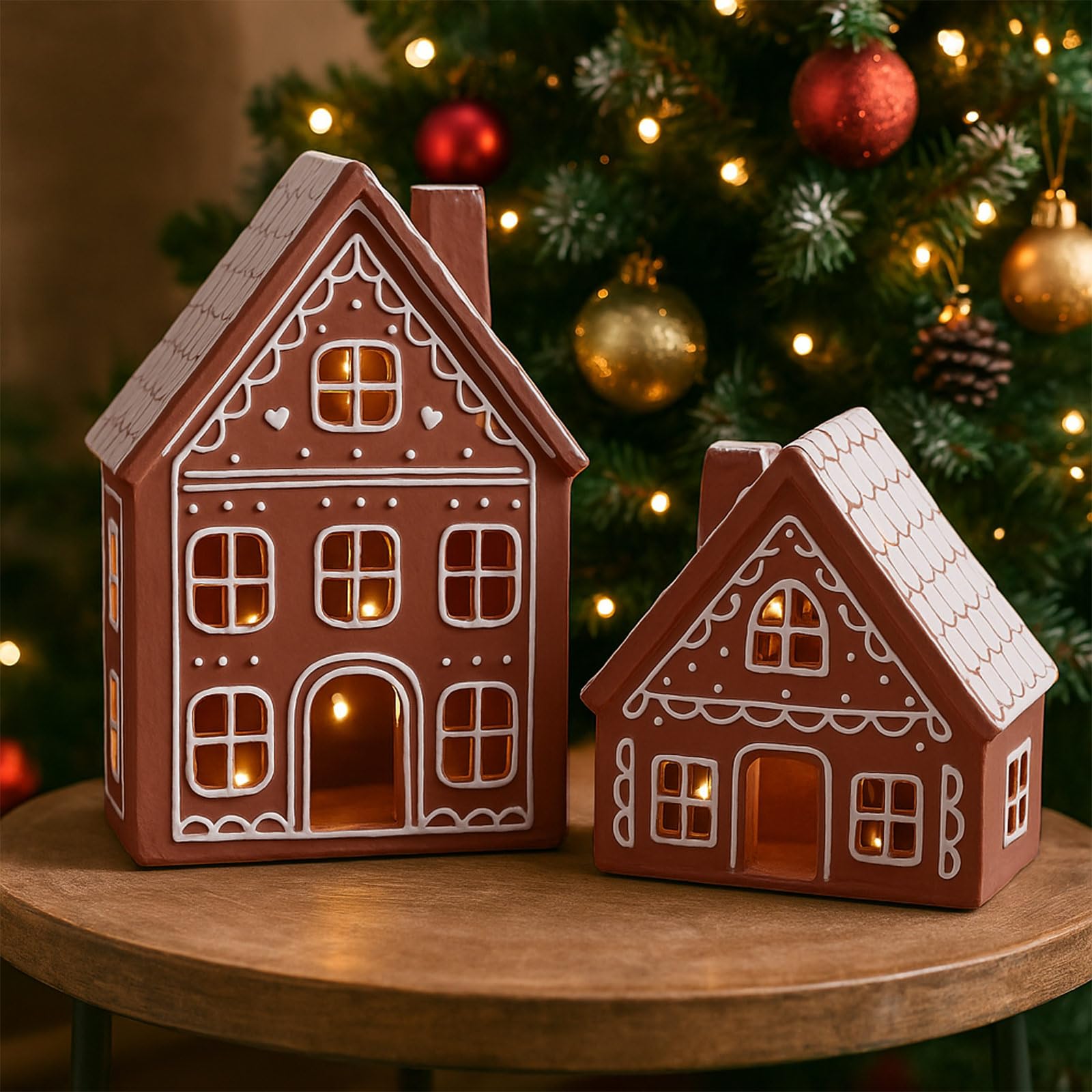 Funnymoom 2 juegos de casas de jengibre heladas de cerámica iluminadas, decoraciones de Navidad para interiores, casas de pan de jengibre LED preiluminadas, decoración de mesa de cocina para centro de