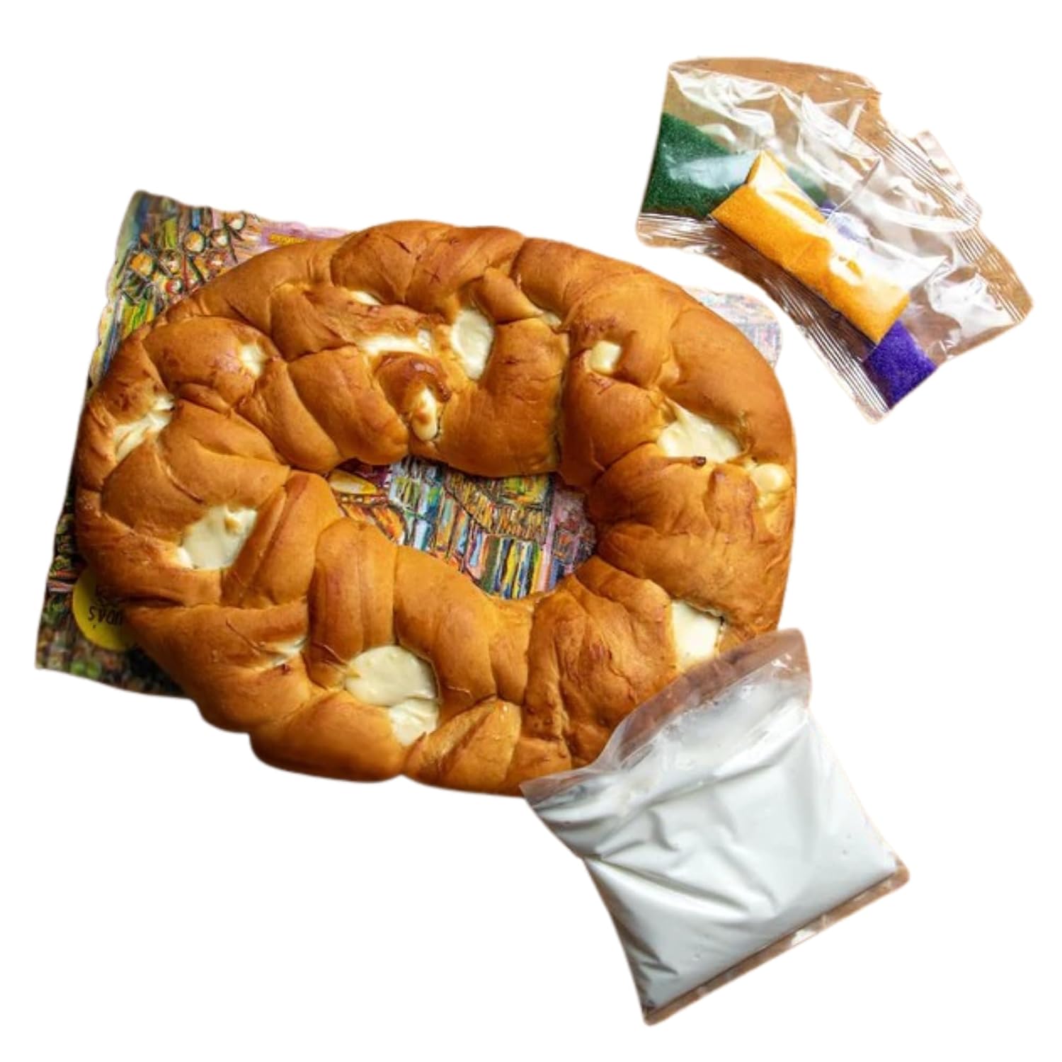 Caluda's Cream Cheese King Cake DIY Kit - Fresh Un-Iced Brioche Cake with Cream Cheese Filling, Icing Packets, Mardi Gras Colored Sugars, Baby, Decorating Instructions, Serves 10-12, Authentic New Orleans Louisiana Mardi Gras Dessert for Holidays Parties