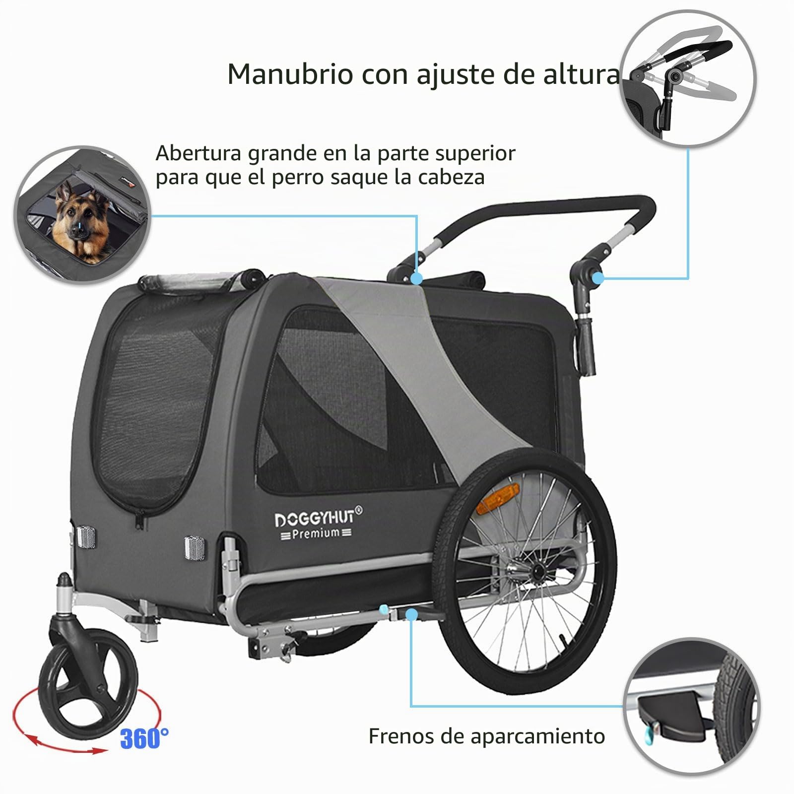 DOGGYHUT® Premium XL 2 en 1 Remolque de bicicleta para perros y corredores, 23 – 45 kg, remolque de bicicleta para perros, para bicicleta 80106 (gris)