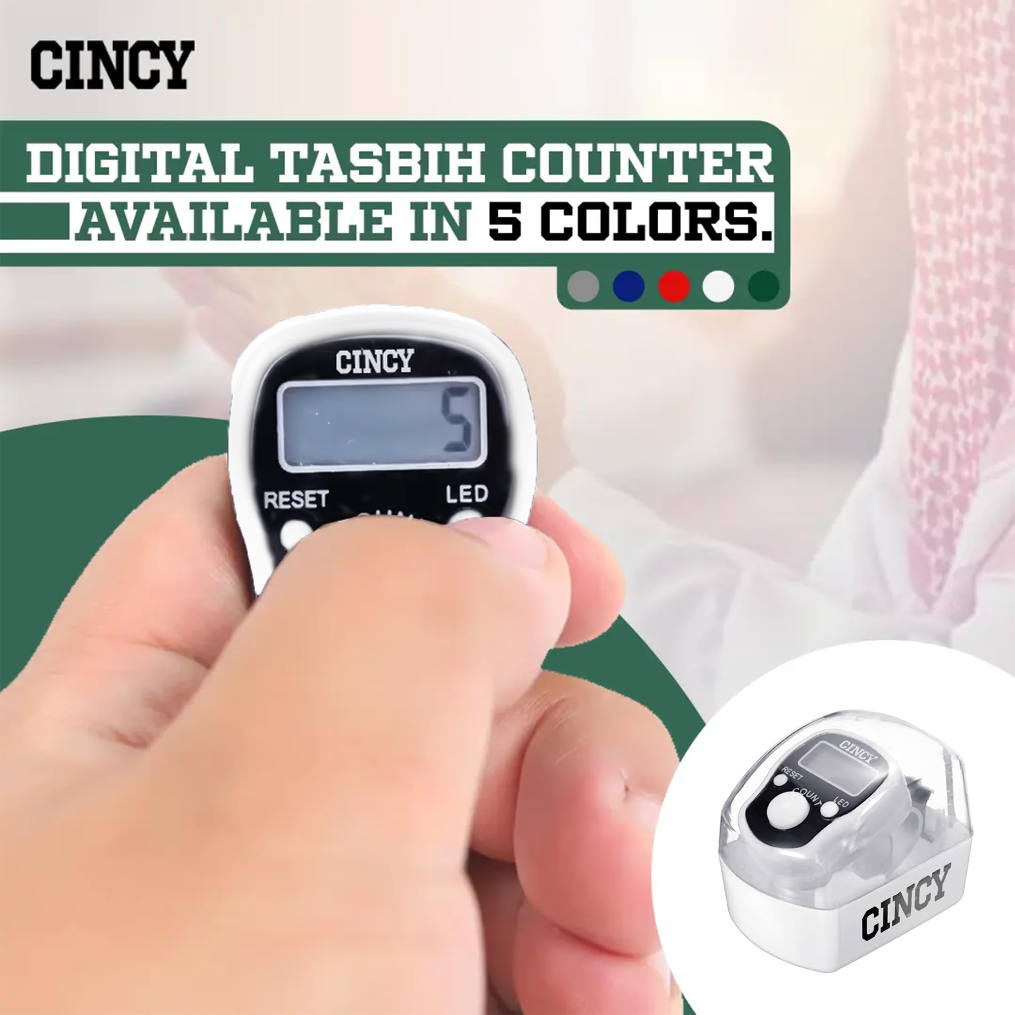 CINCY Clicker Count – Multi-Color LED for Night Use, Instant Reset, Accurate & Quiet, Comfortable Grip, Long Battery Life – for Events, Gym & Crowd Control – Battery Included – White