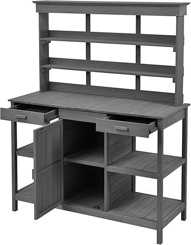 Miniatura 9 de Mesa Grande para Macetas de Exterior de 66" con 2 Cajones, Gabinete, Estantes Abiertos, Banco de Madera para Macetas para Jardín, Patio, Casa de