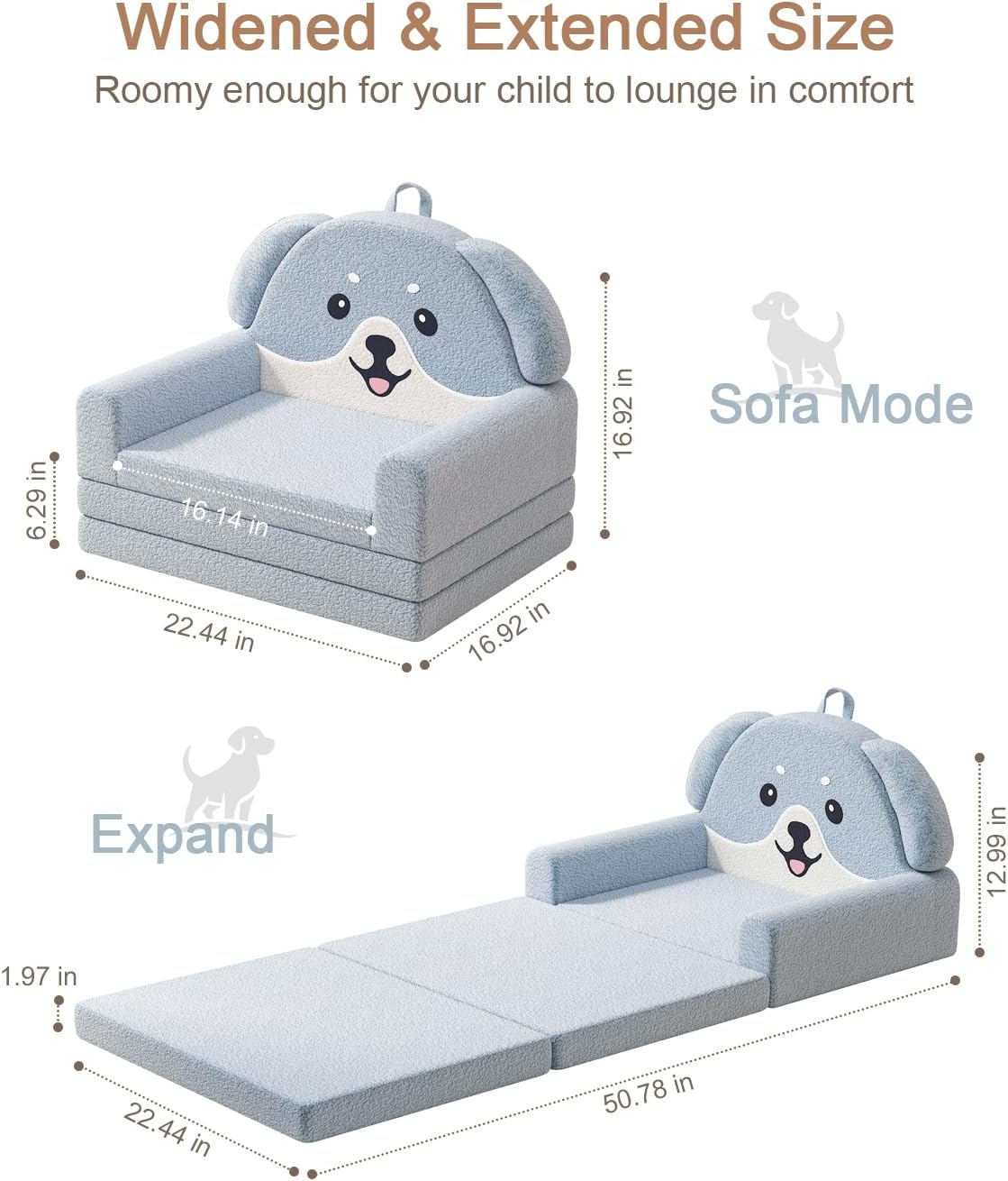 YACODAVO 2-in-1 Kids Couch, Soft Toddler Couch Fold Out for Girl and Boys, Dog Design Foldable Kids Sofa to Lounger, Convertible Kids Chairs Comfy, Gift for Birthday, Children's Day, Blue