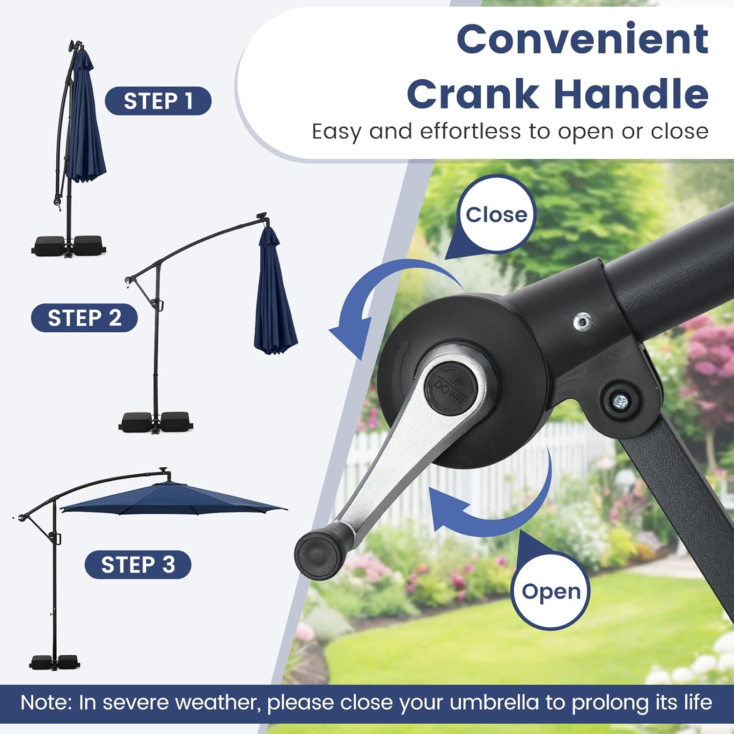Diagram showing the steps to open and close the umbrella using the crank handle.