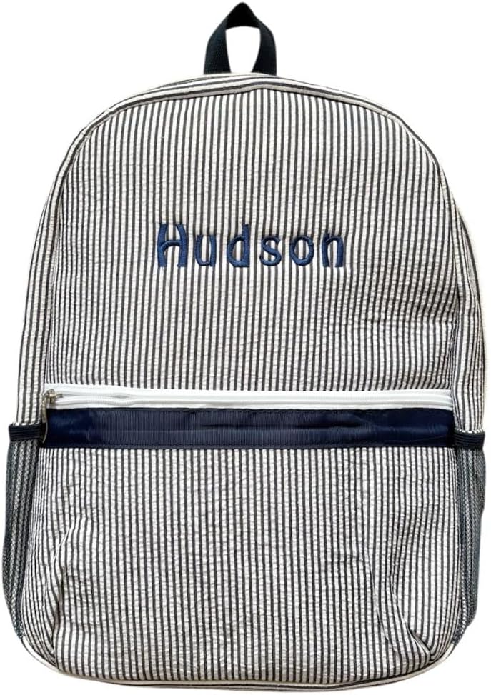 Custom Embroidered Toddler Seersucker Backpack | Personalized with Name | Back to School Gift for Kids (Navy)
