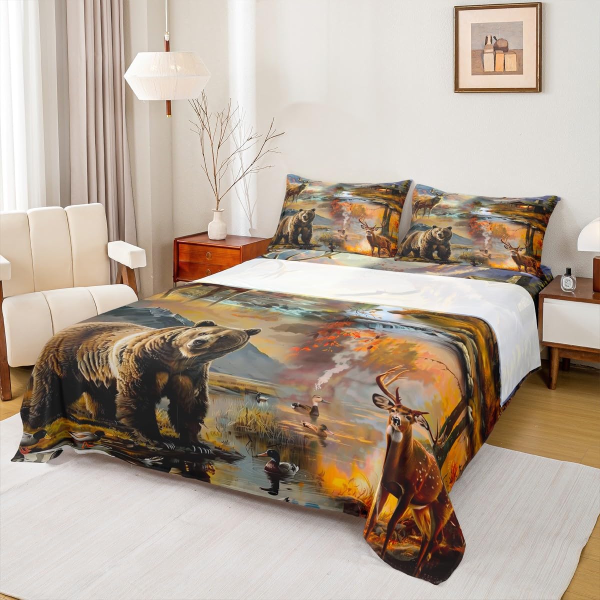 Homewish Juego de sábanas para cama de matrimonio con diseño de oso de ciervo, estilo rústico, cabaña para niños y niñas, juego de ropa de cama de animales del bosque, sábana bajera ajustable de 4